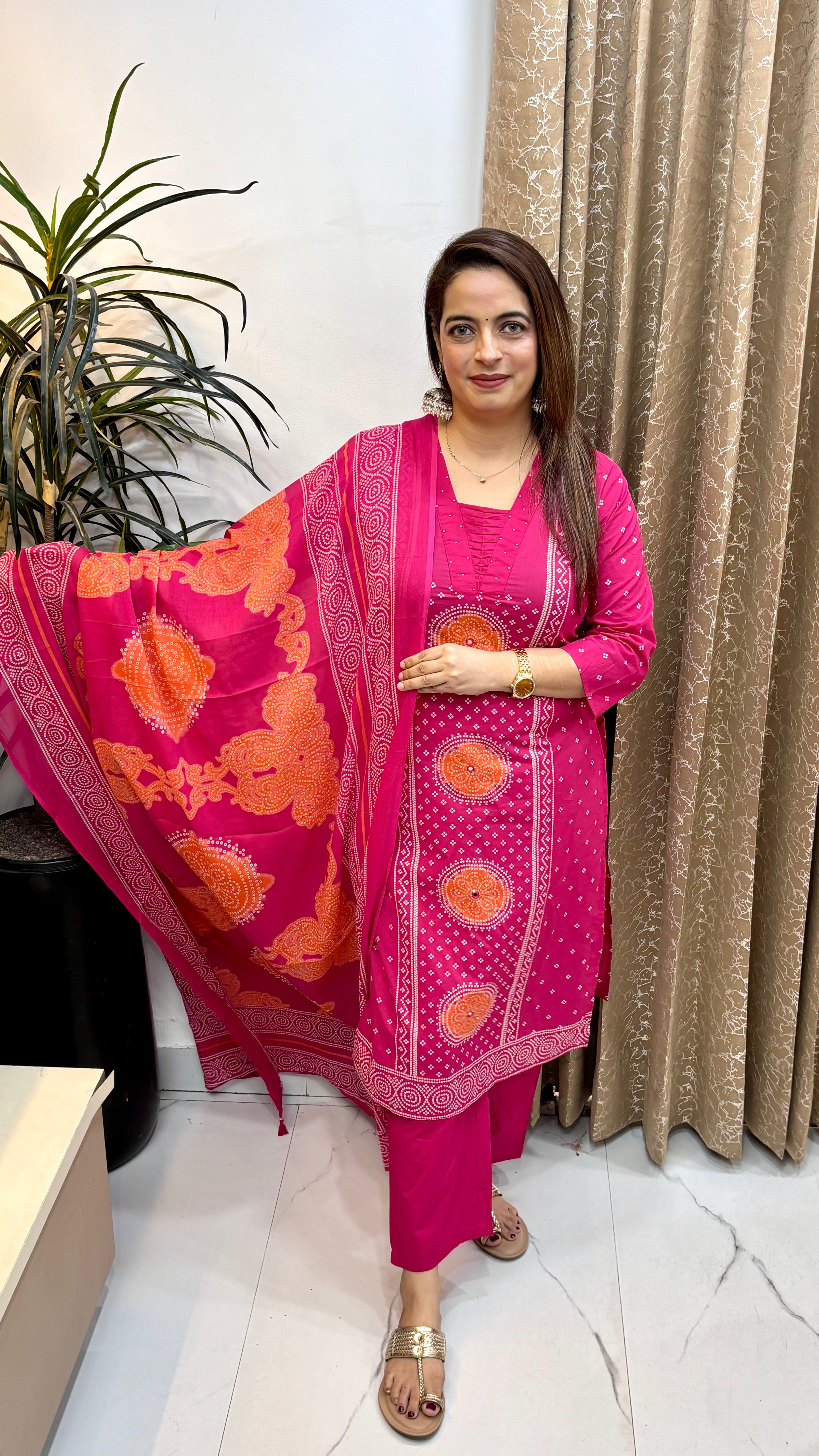 The Premium Cotton Bandhani Suit with Pearl & Pintex Detailing