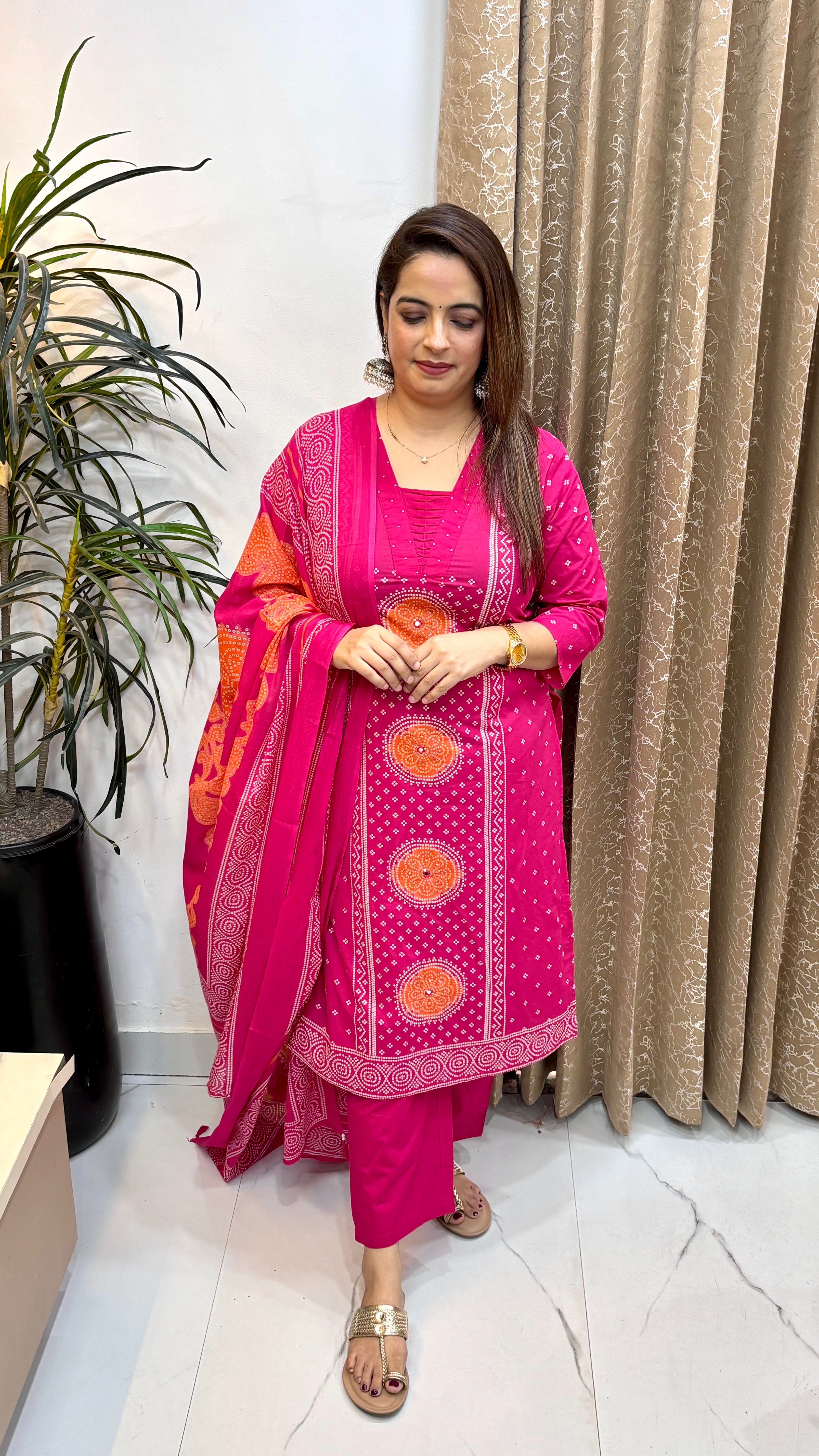 The Premium Cotton Bandhani Suit with Pearl & Pintex Detailing