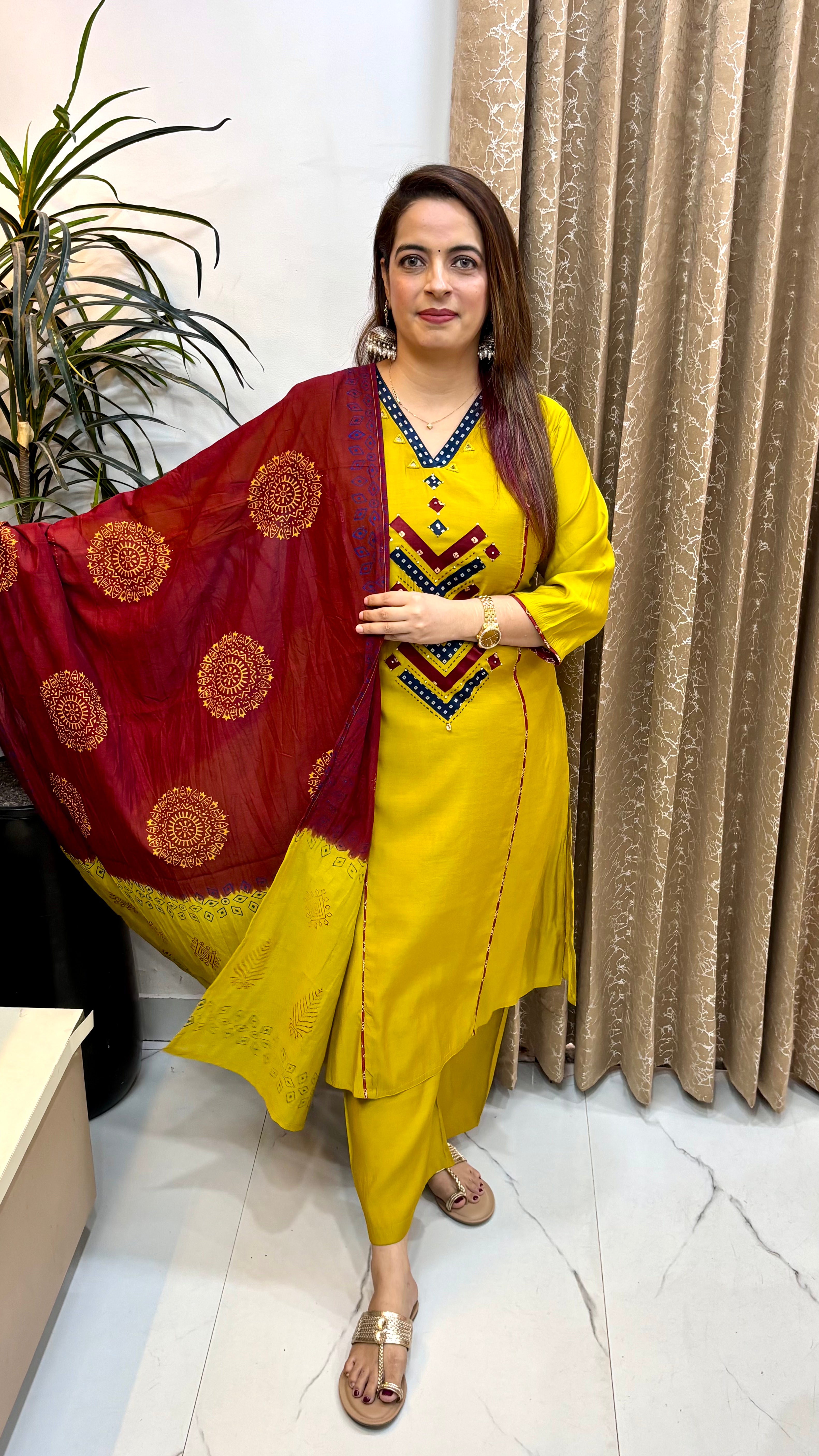 The Mustard Yellow Mul Chanderi Suit with Gajji Silk Mirror Border