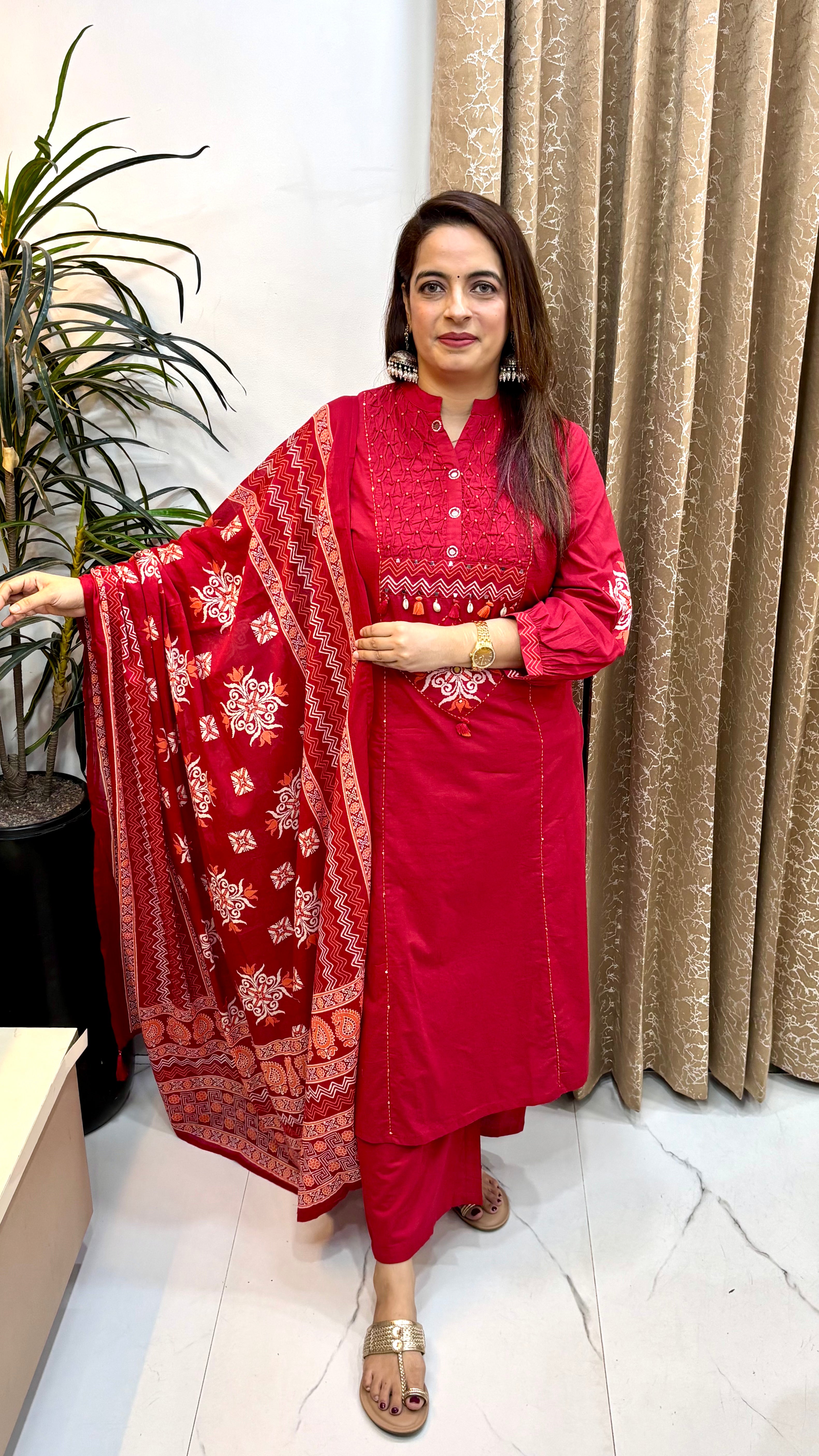 The Pure Cotton Suit with Appliqué, Mirror Work, & Embroidered Balloon Sleeves