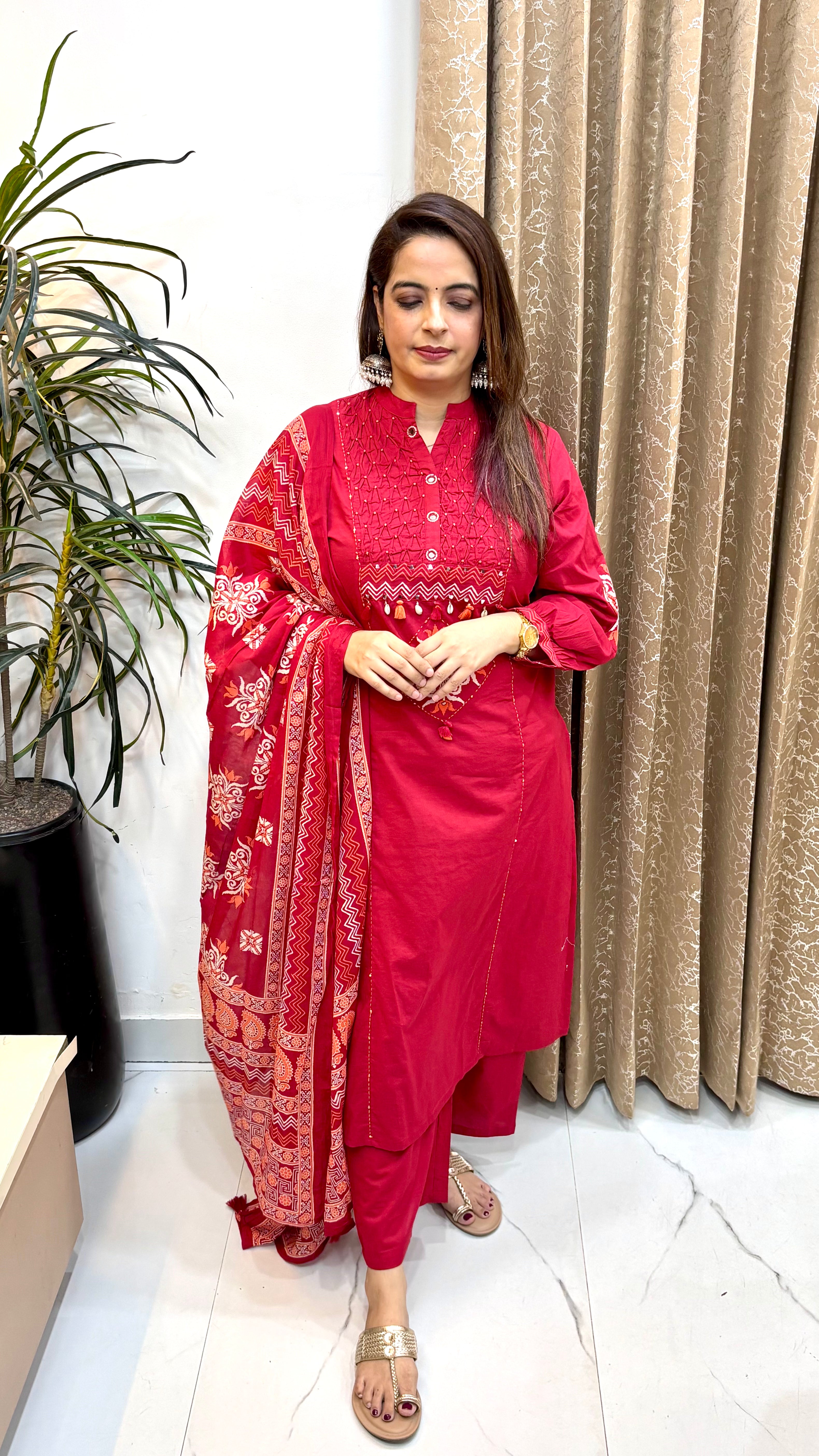 The Pure Cotton Suit with Appliqué, Mirror Work, & Embroidered Balloon Sleeves