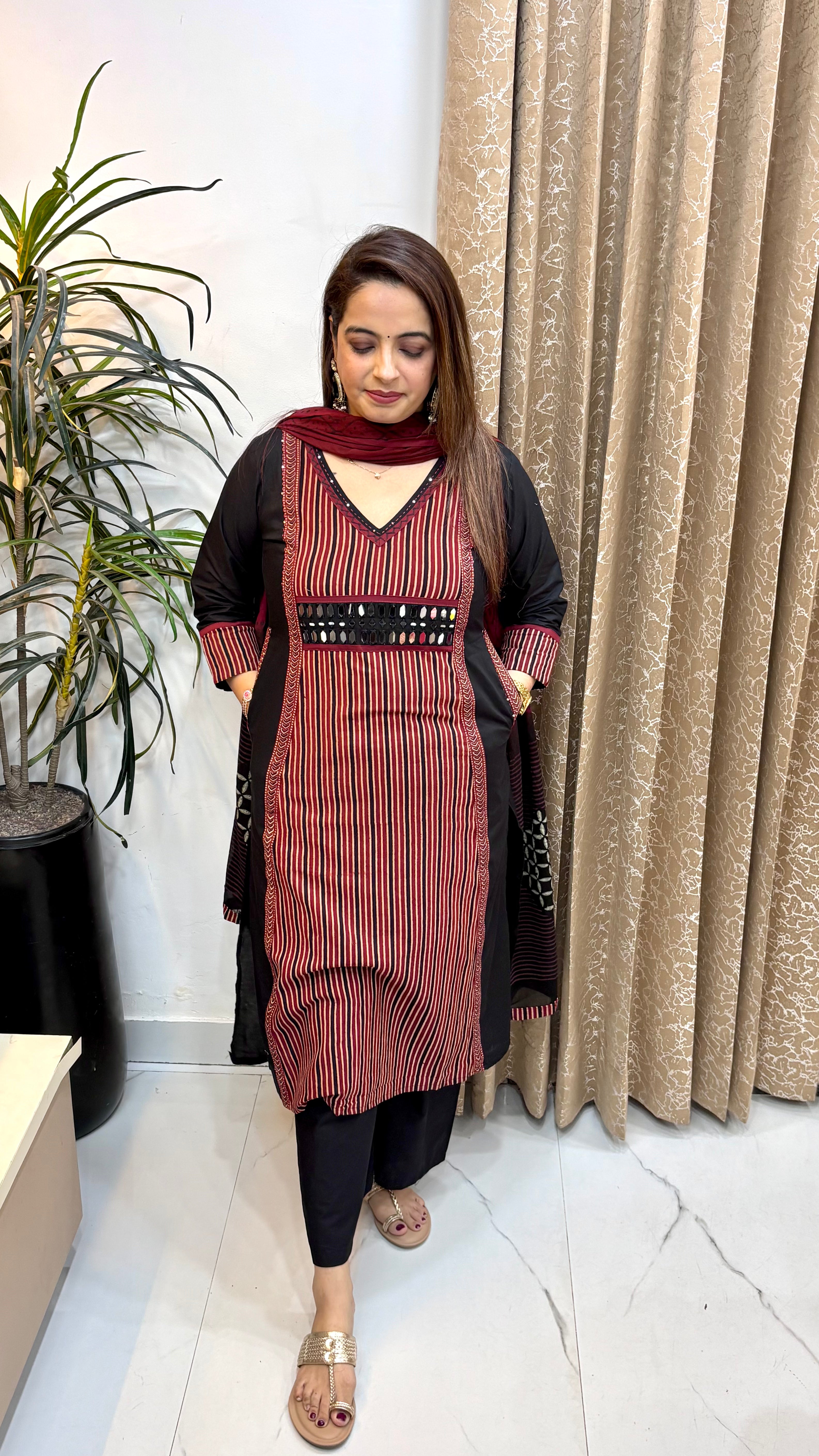 The Pure Cotton Kalamkari & Real Mirror Work Suit with Functional Pockets