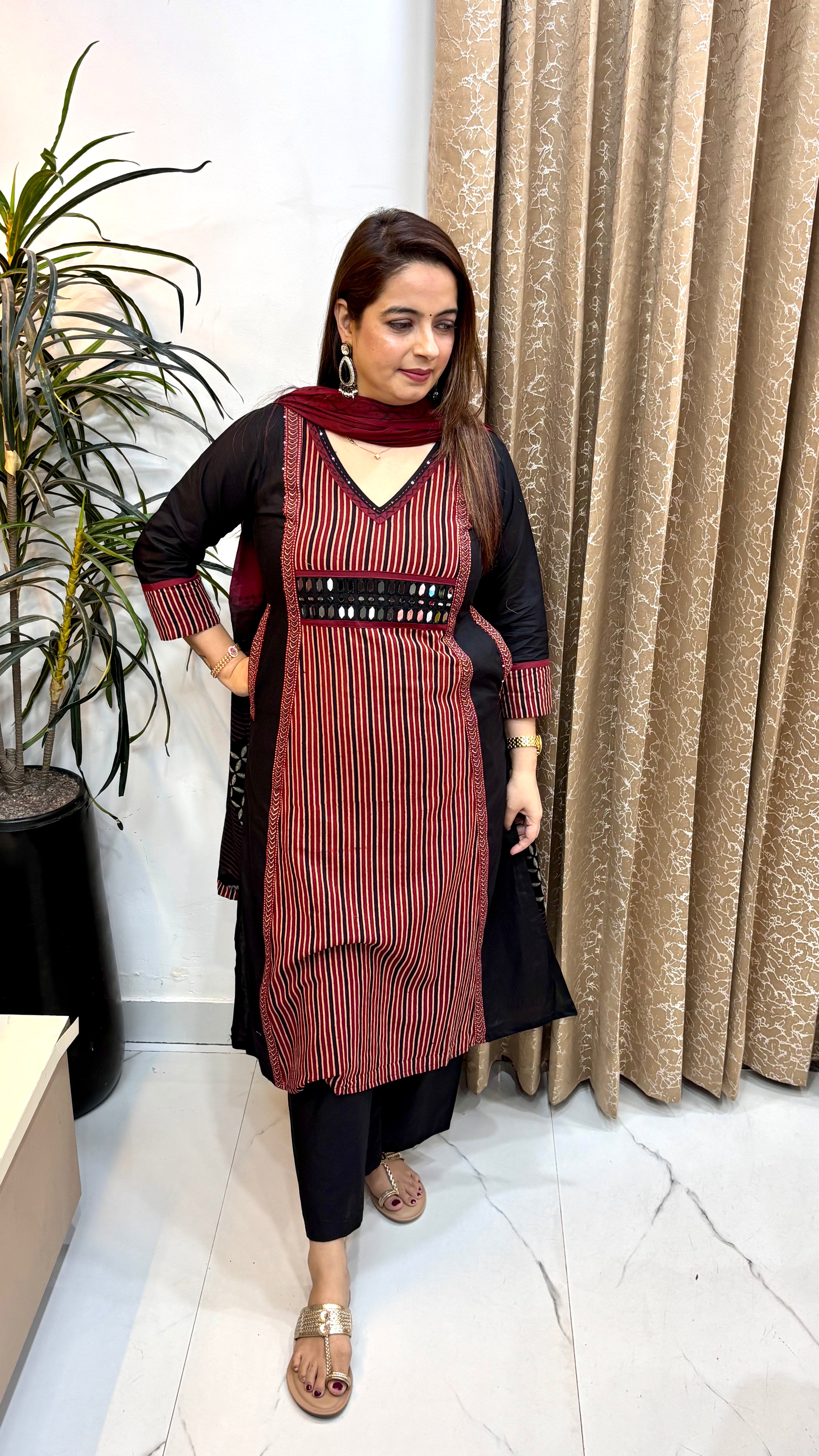 The Pure Cotton Kalamkari & Real Mirror Work Suit with Functional Pockets