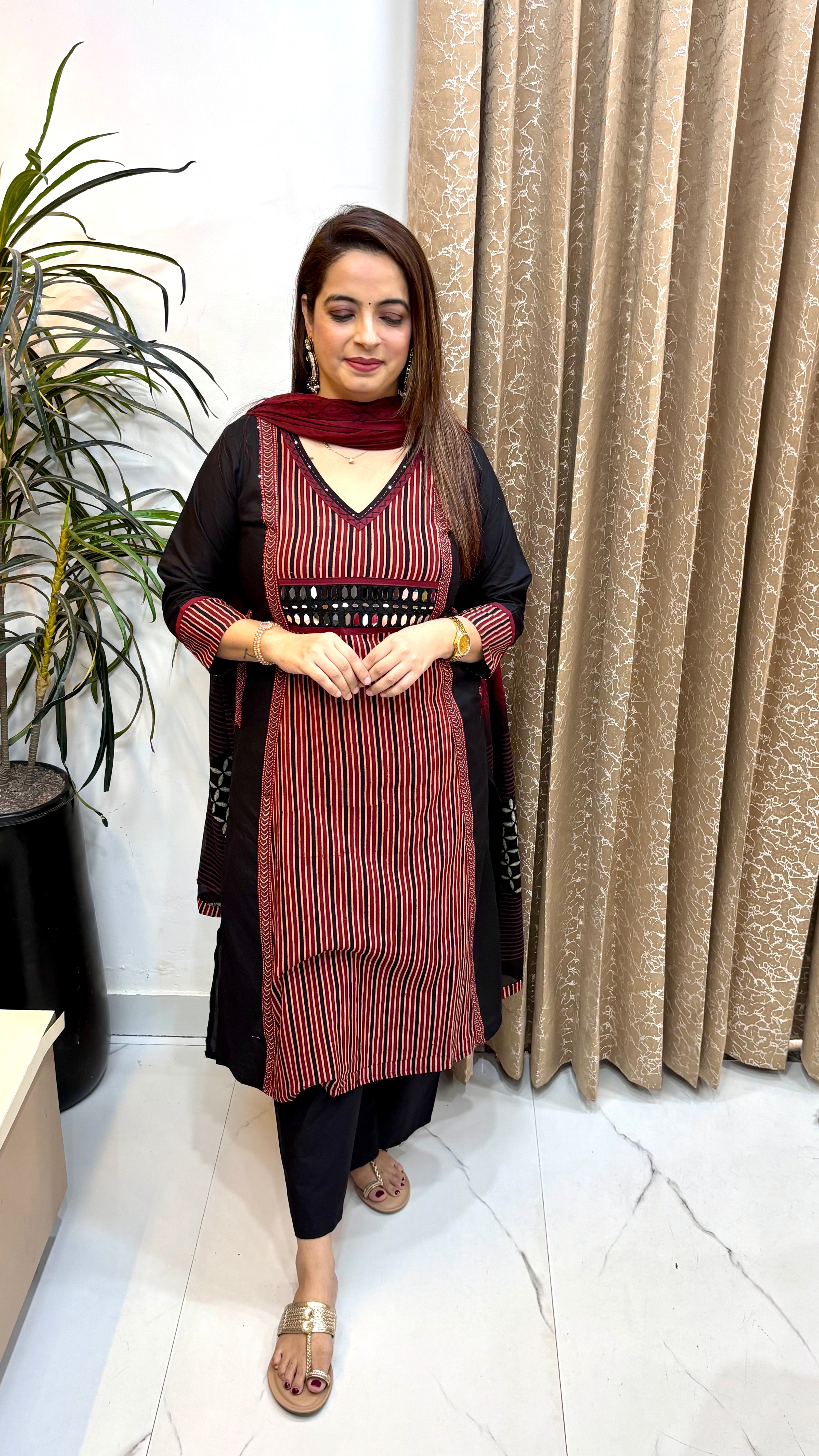 The Pure Cotton Kalamkari & Real Mirror Work Suit with Functional Pockets