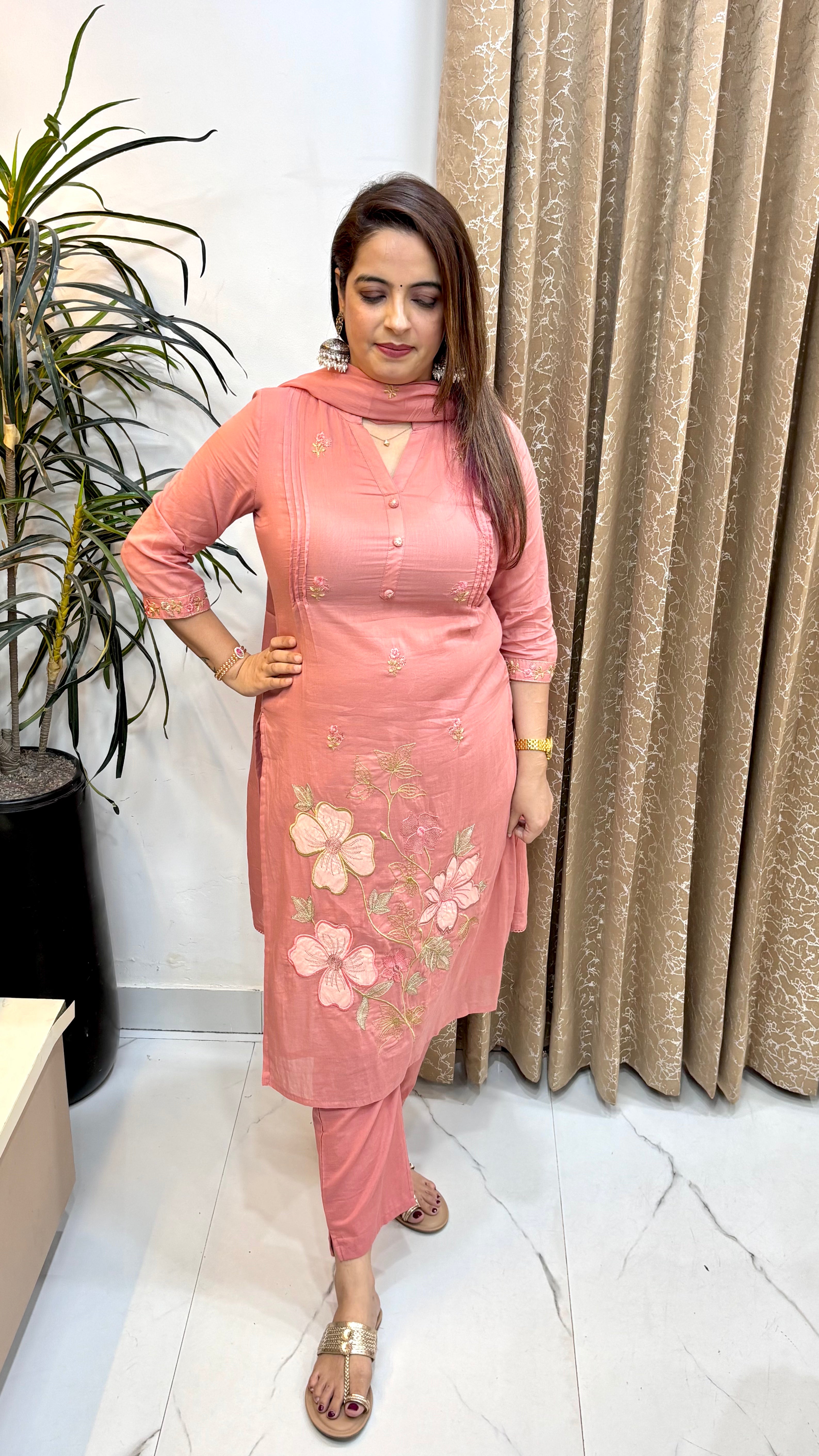The Pure Mulmul Cotton Appliqué & Side-Panel Pintex Suit Set