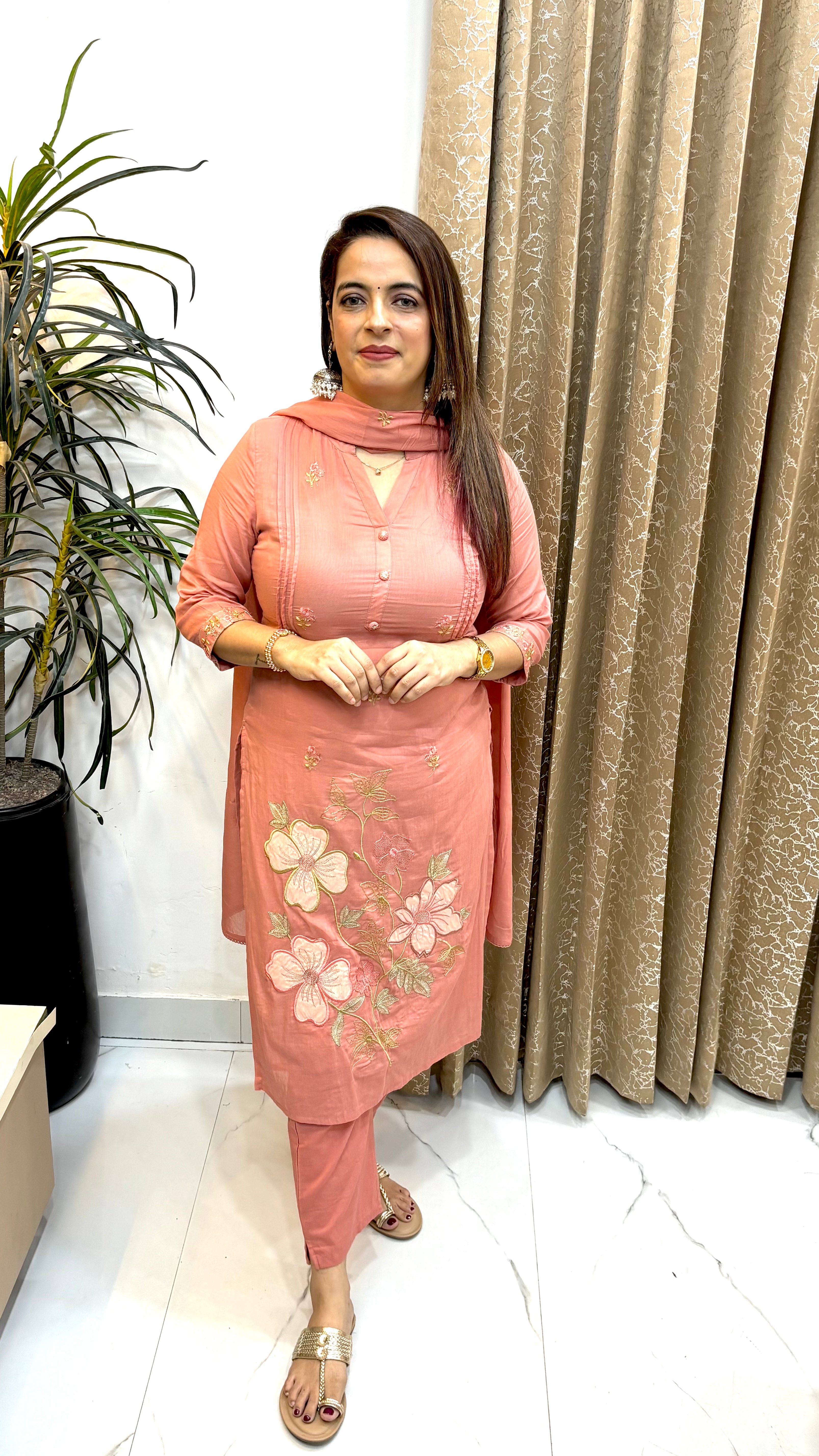 The Pure Mulmul Cotton Appliqué & Side-Panel Pintex Suit Set