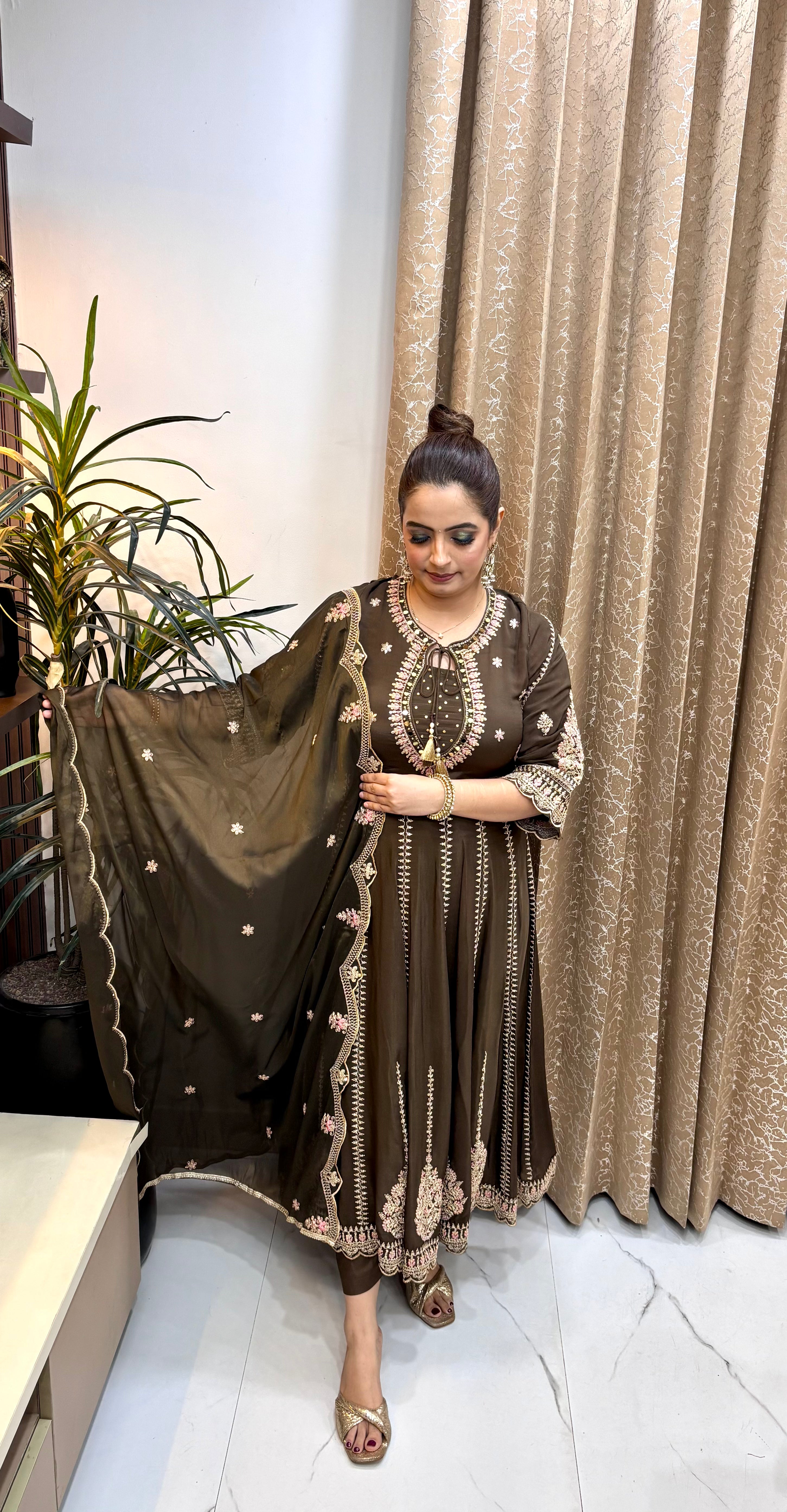 The Pure Chinon Silk Resham & Mirror Suit with Cutwork & Back Embroidery
