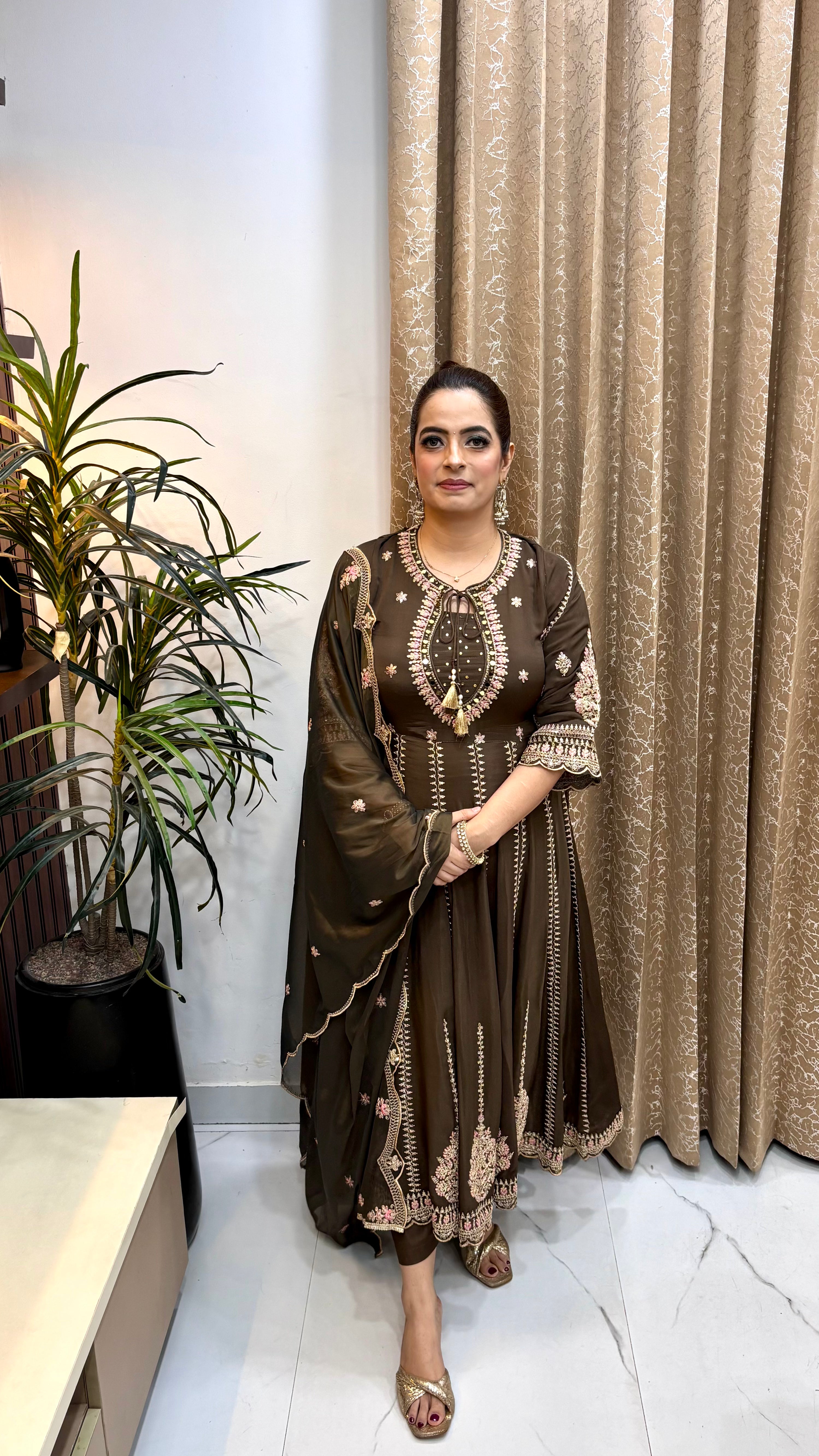 The Pure Chinon Silk Resham & Mirror Suit with Cutwork & Back Embroidery