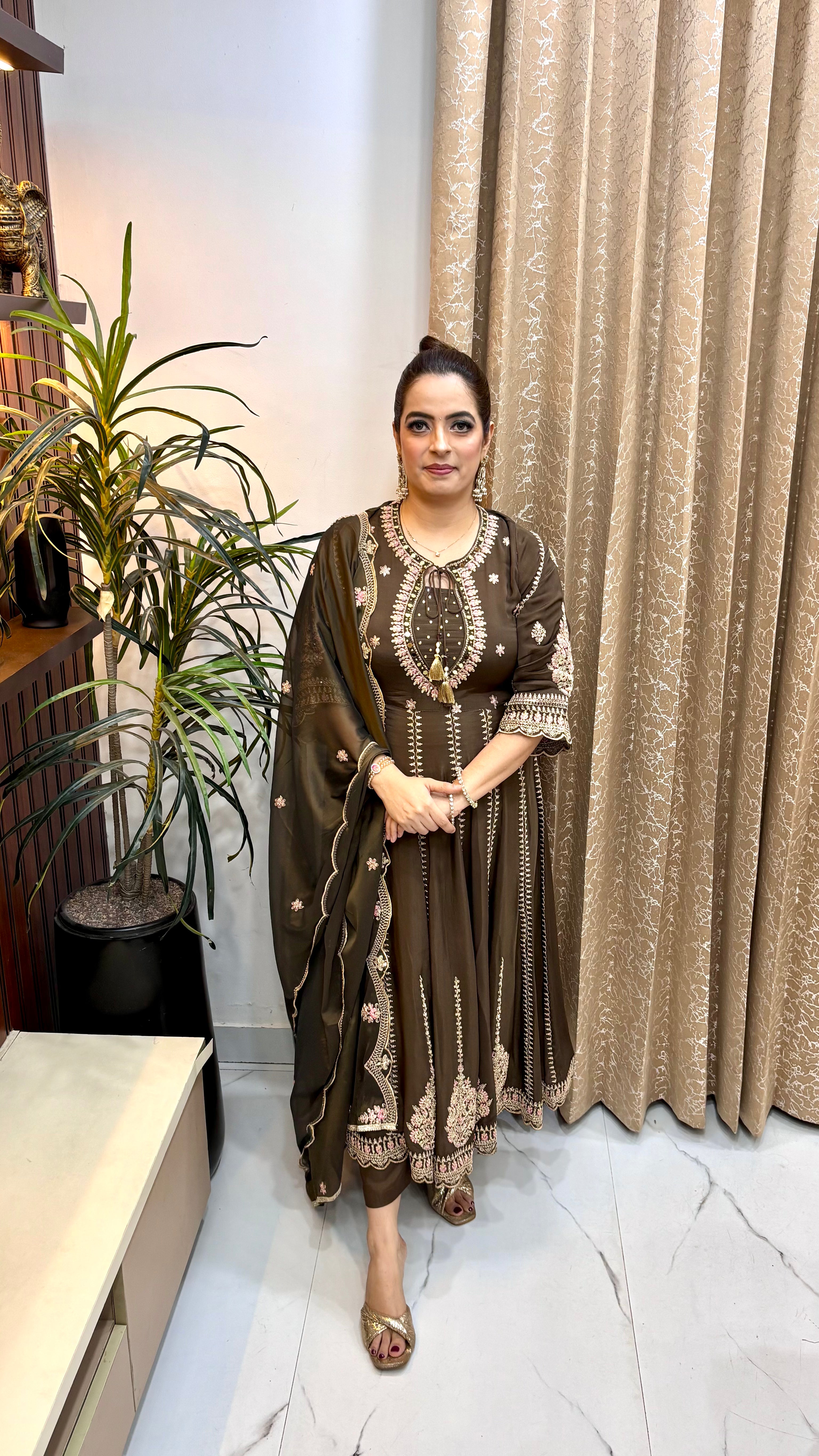 The Pure Chinon Silk Resham & Mirror Suit with Cutwork & Back Embroidery