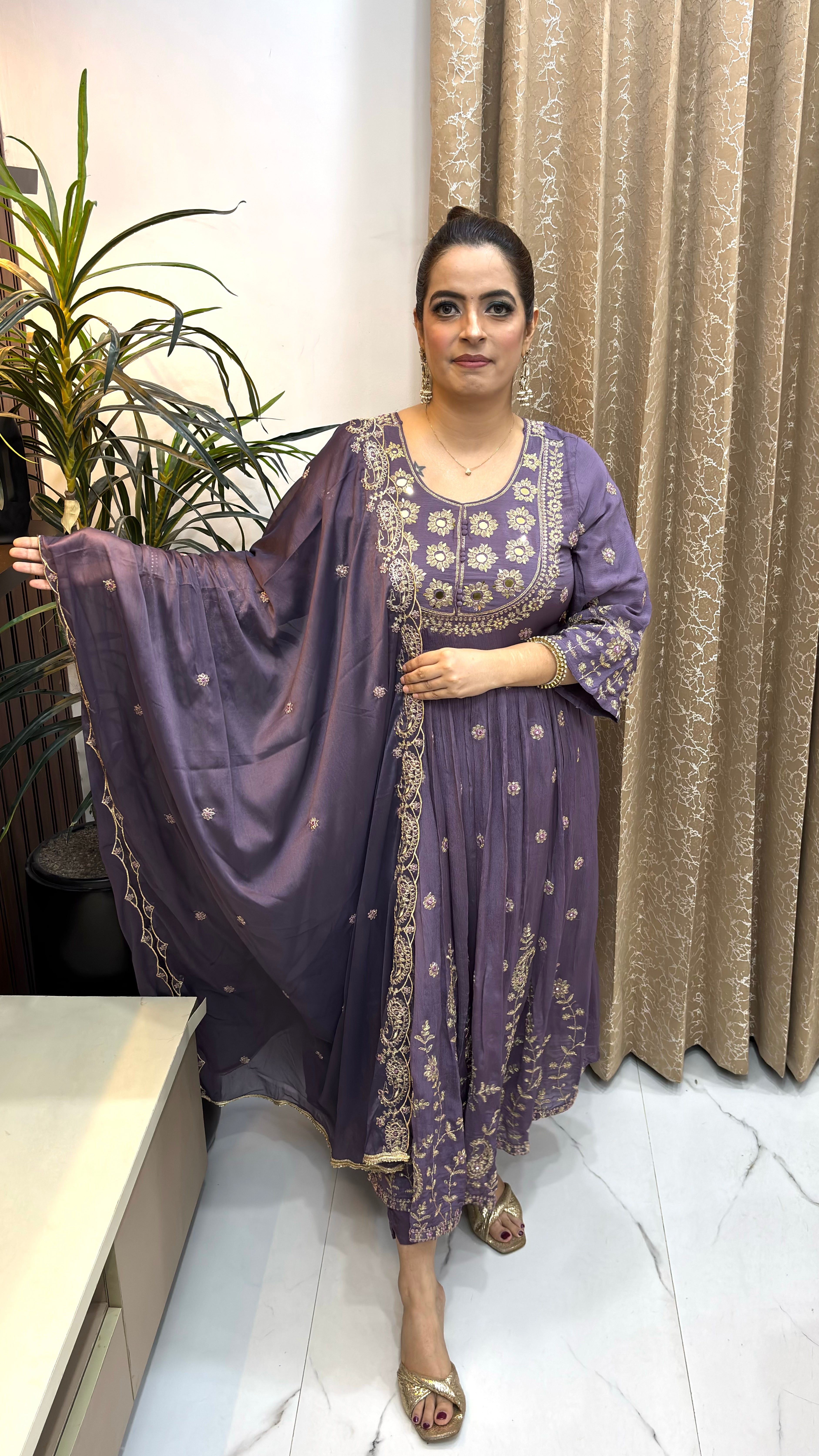 The Pure Chinon Anarkali Suit with Deep Neckline, Heavy Pintex, & Zardozi Craftistry