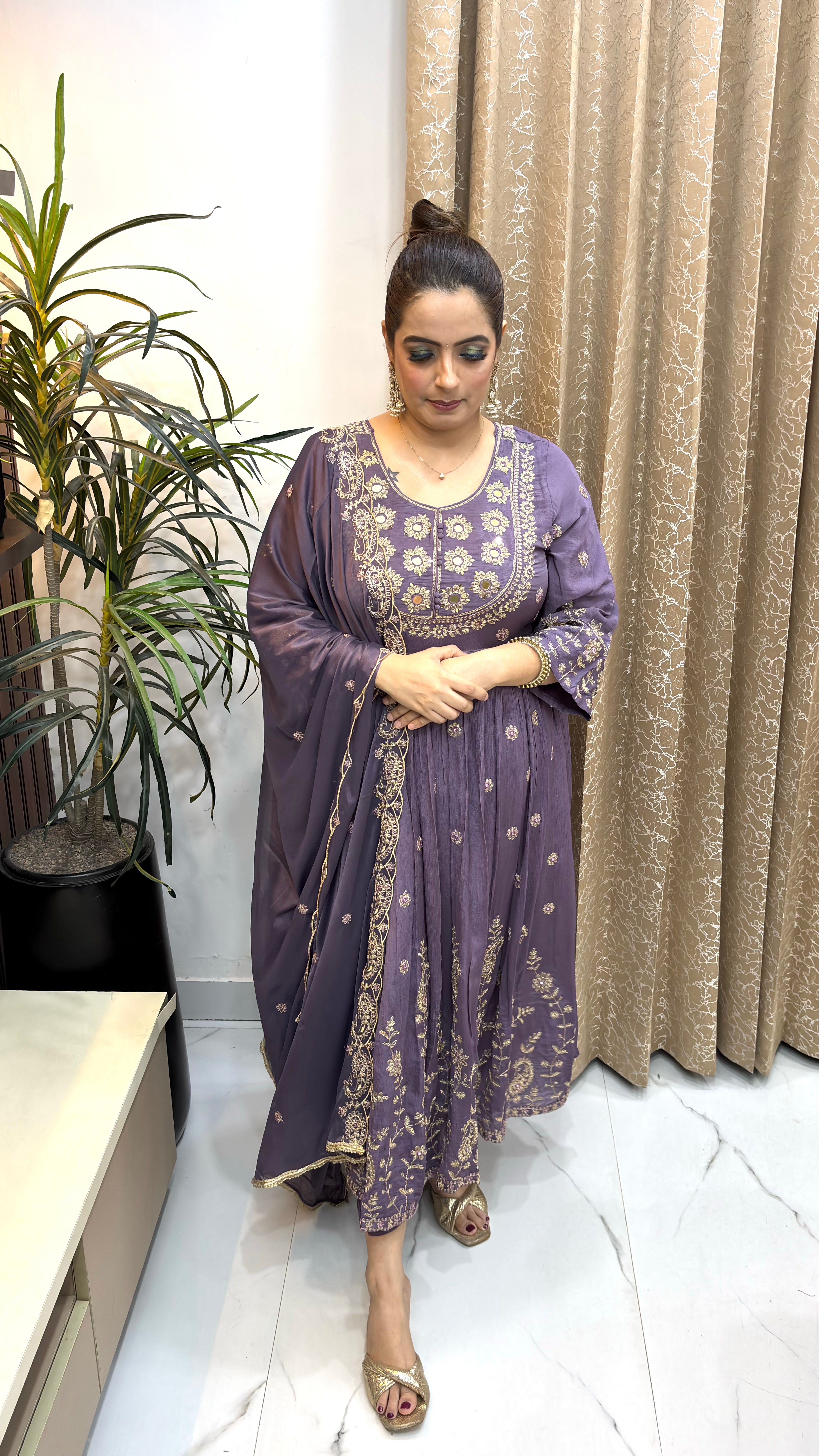 The Pure Chinon Anarkali Suit with Deep Neckline, Heavy Pintex, & Zardozi Craftistry