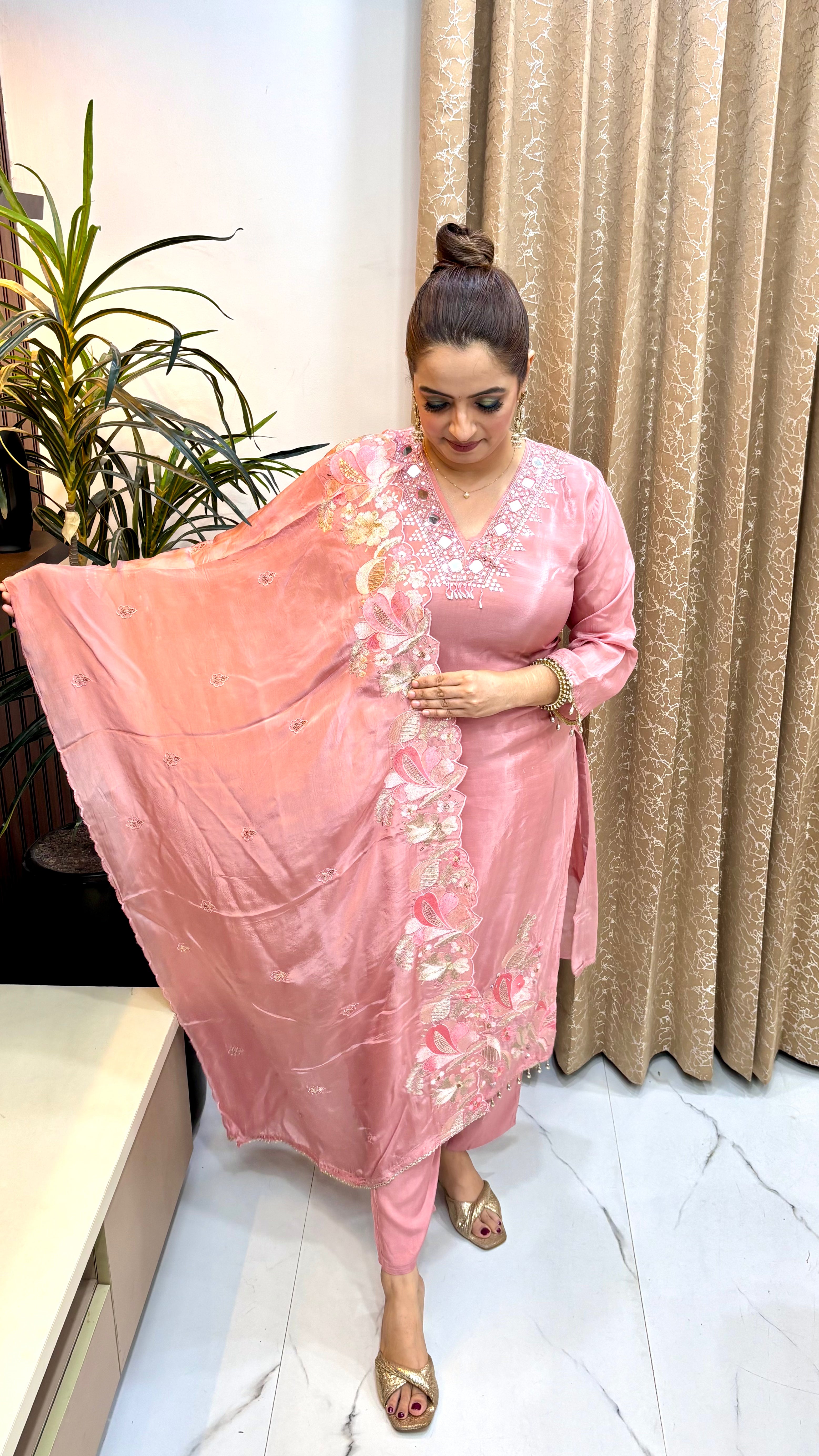 The Natural Crepe Suit with Real Mirror Work, Cutdana & Resham Hemline