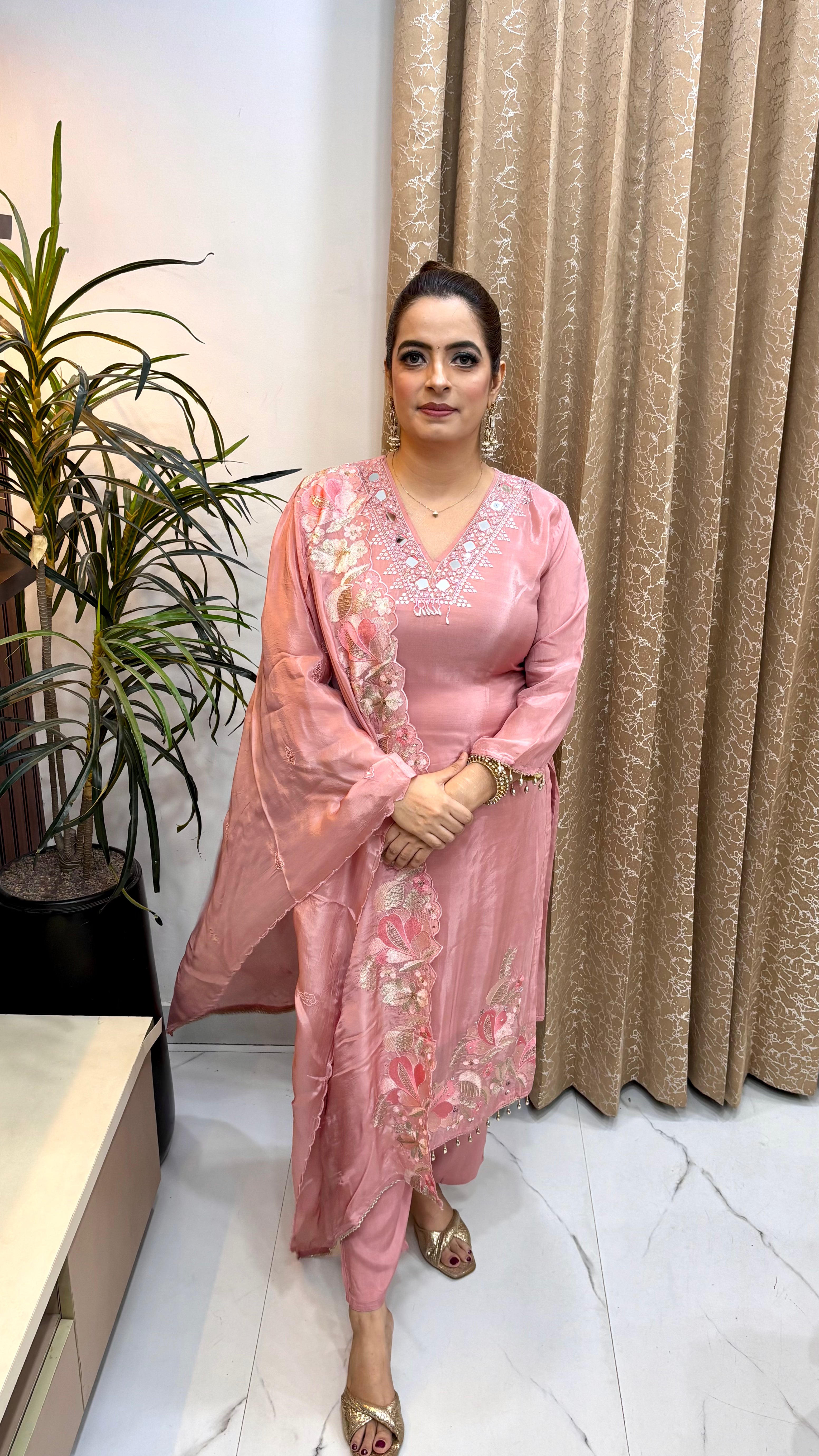 The Natural Crepe Suit with Real Mirror Work, Cutdana & Resham Hemline