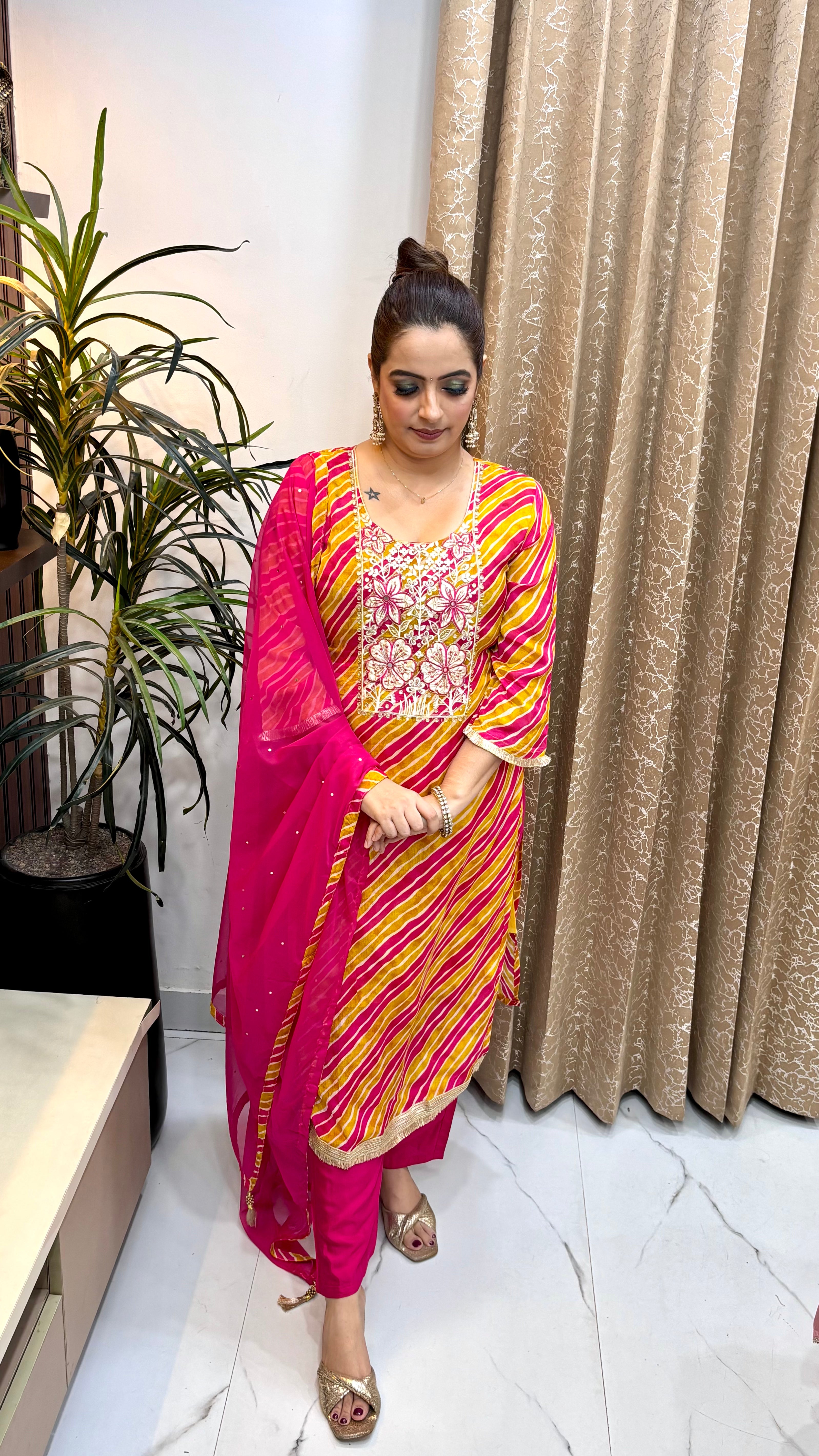 The Pure Chinon Leheriya Print Suit with Leather Patching & Zardozi Neckline