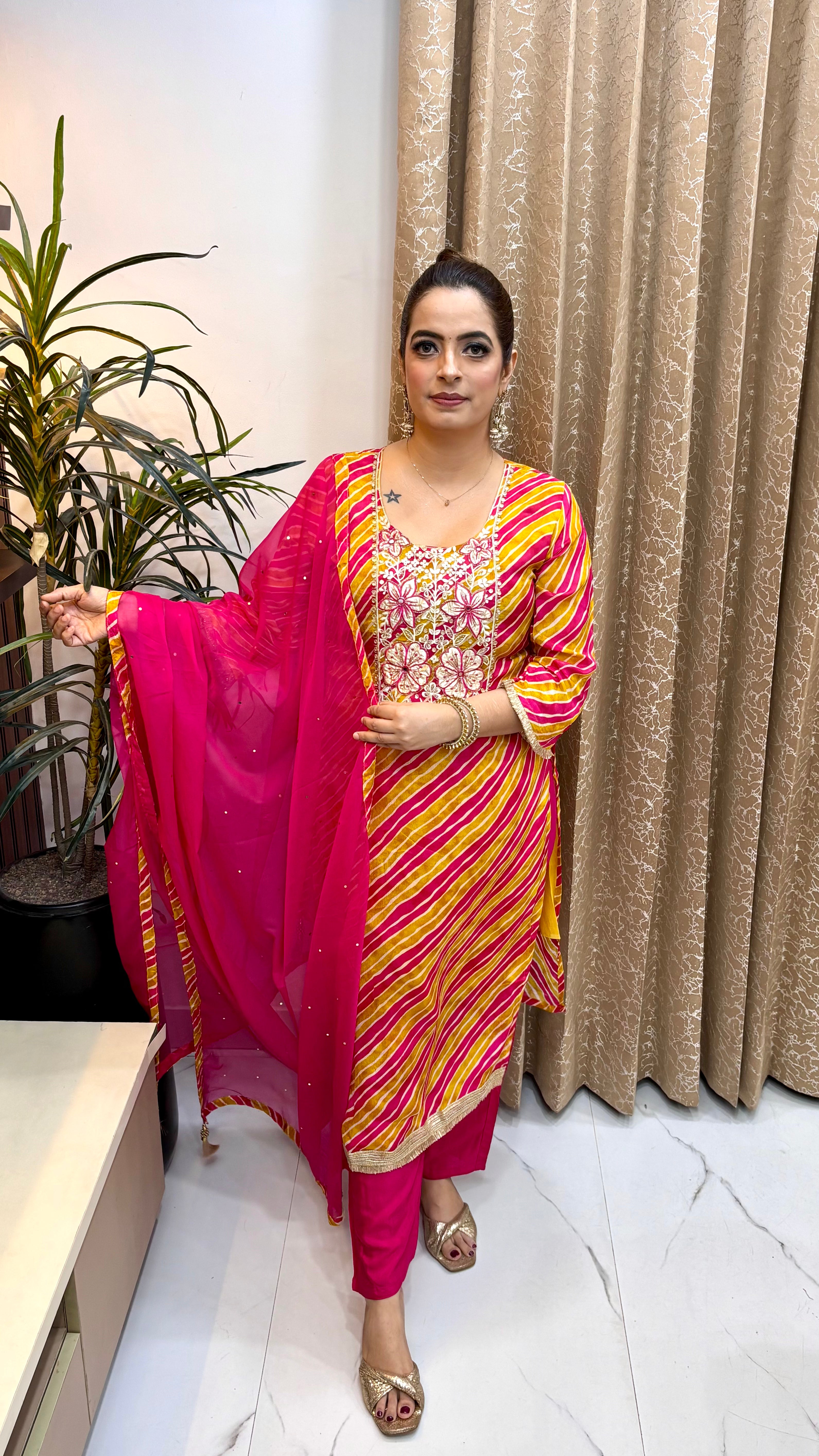 The Pure Chinon Leheriya Print Suit with Leather Patching & Zardozi Neckline