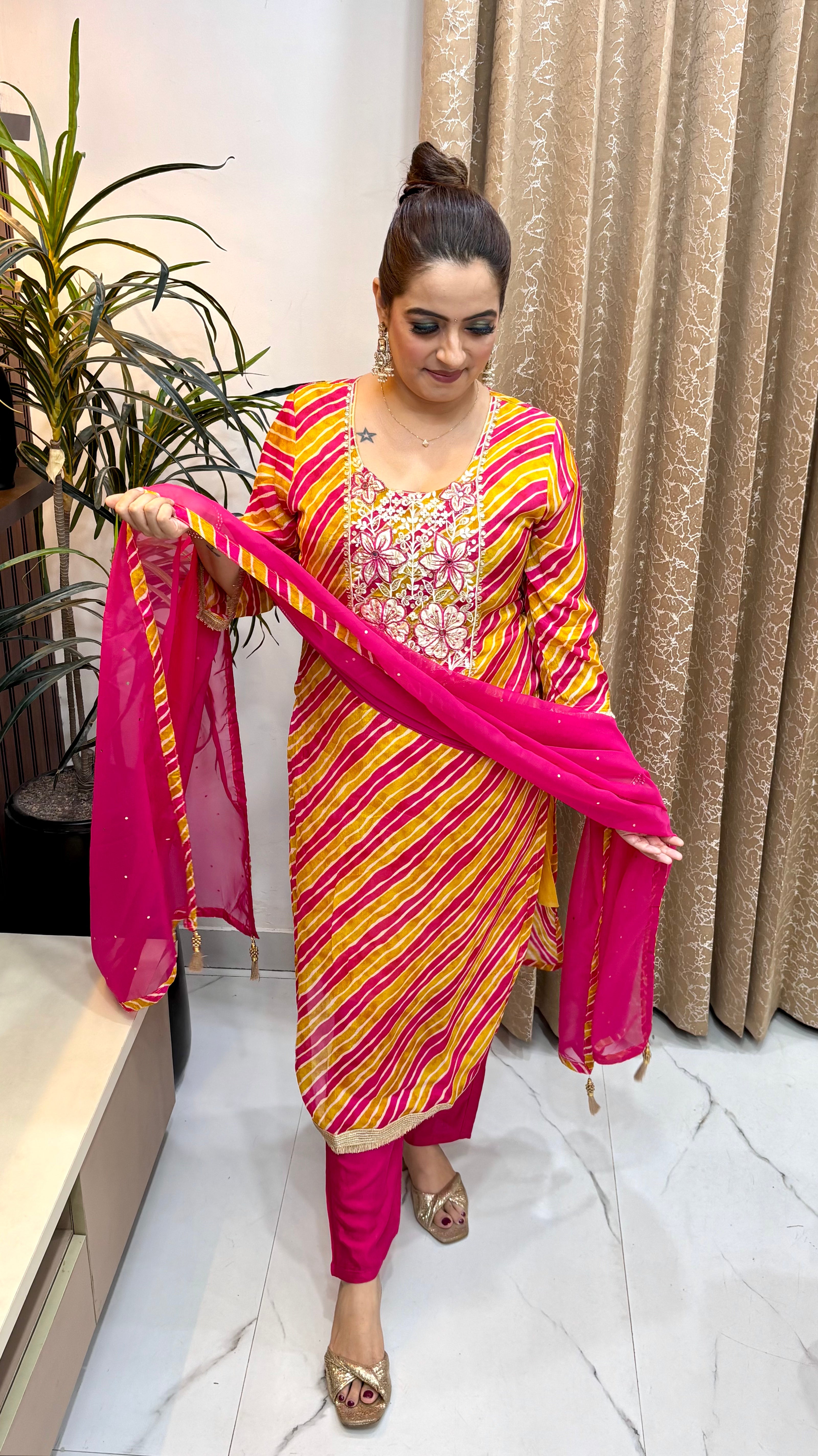 The Pure Chinon Leheriya Print Suit with Leather Patching & Zardozi Neckline