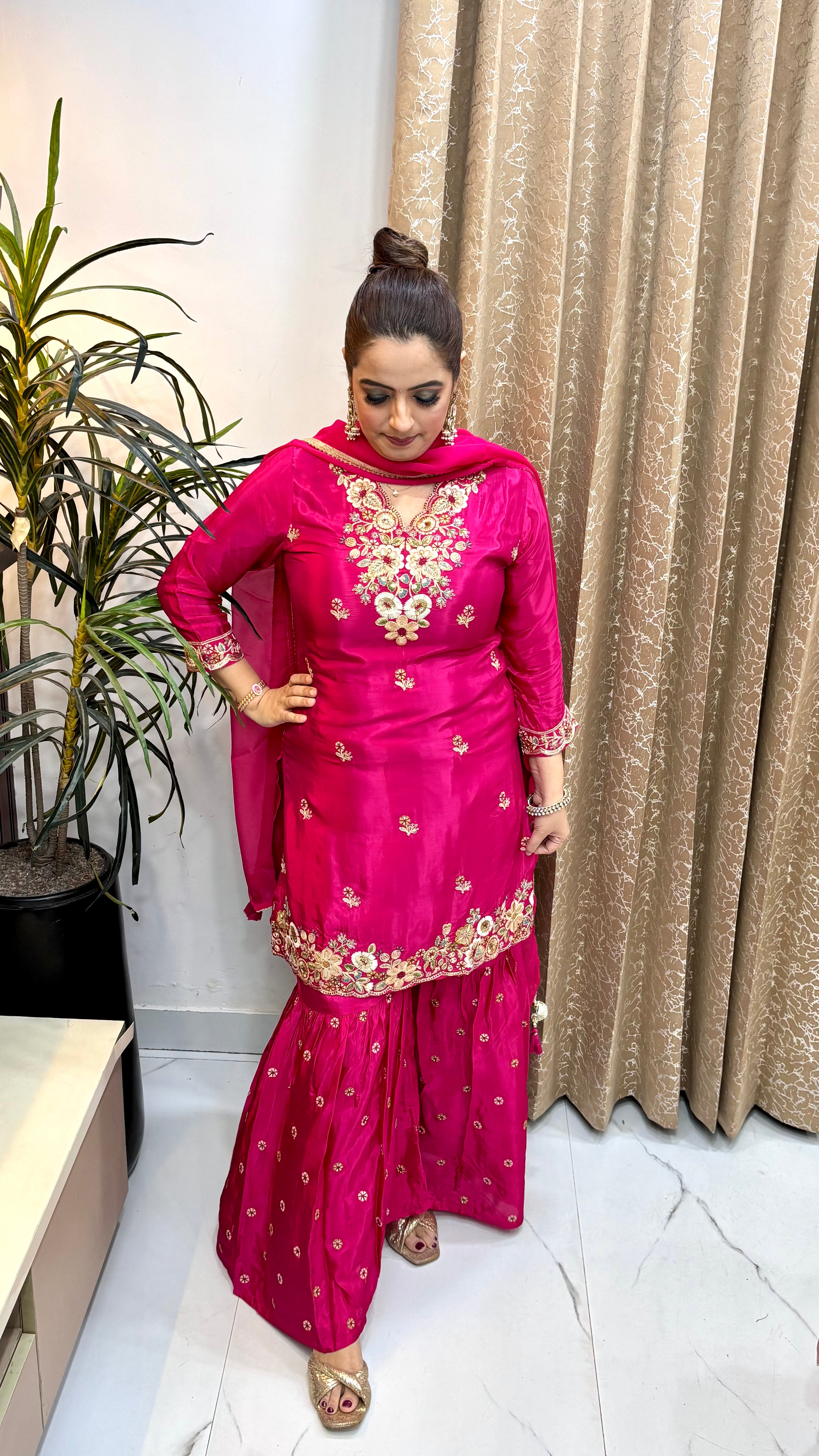 The Pure Silk Sharara Suit with Cutwork V-Neck, Zari Embroidery, & Shimmer Dupatta