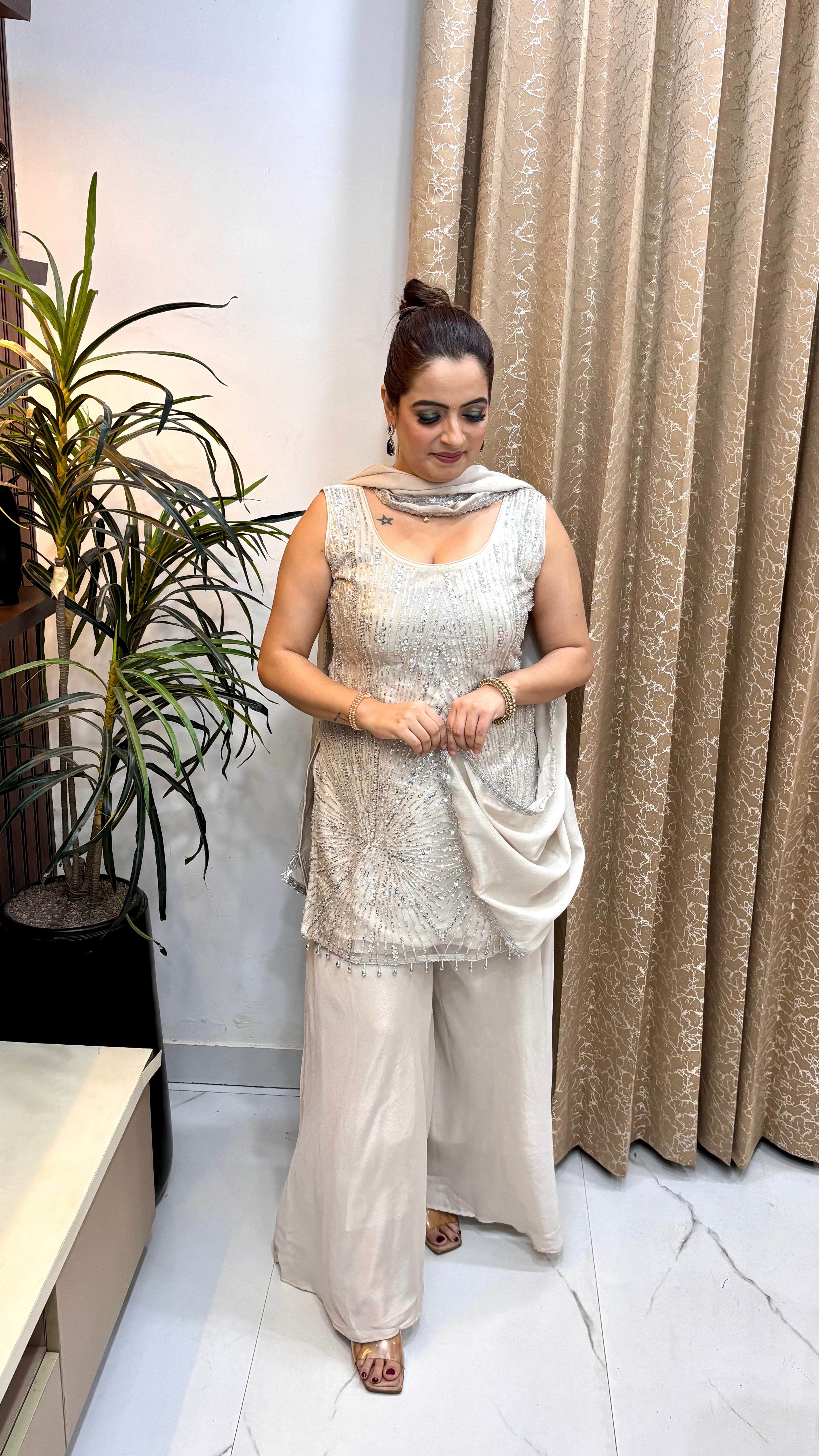 The Pure Chinon Padded Suit with Full Sequin Jaal & Orabe Cut Divider