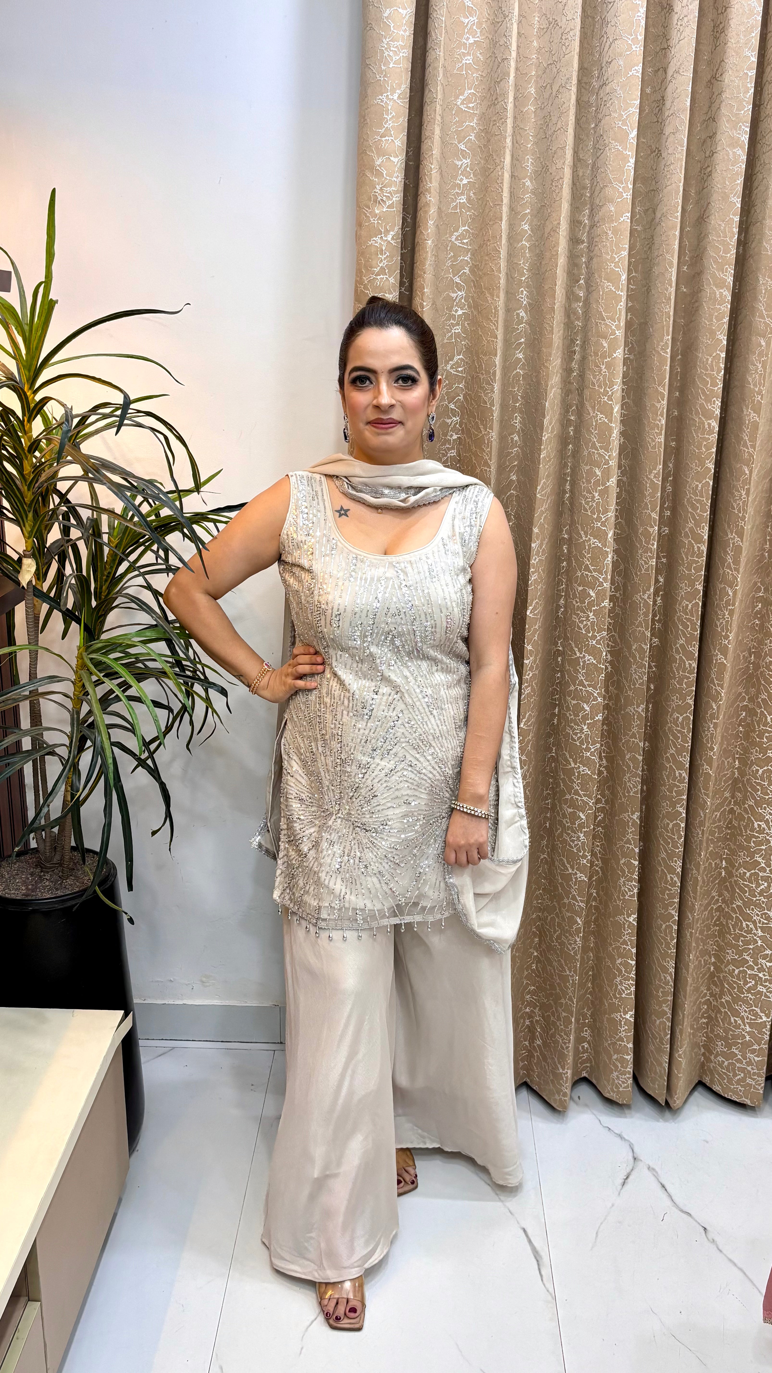 The Pure Chinon Padded Suit with Full Sequin Jaal & Orabe Cut Divider