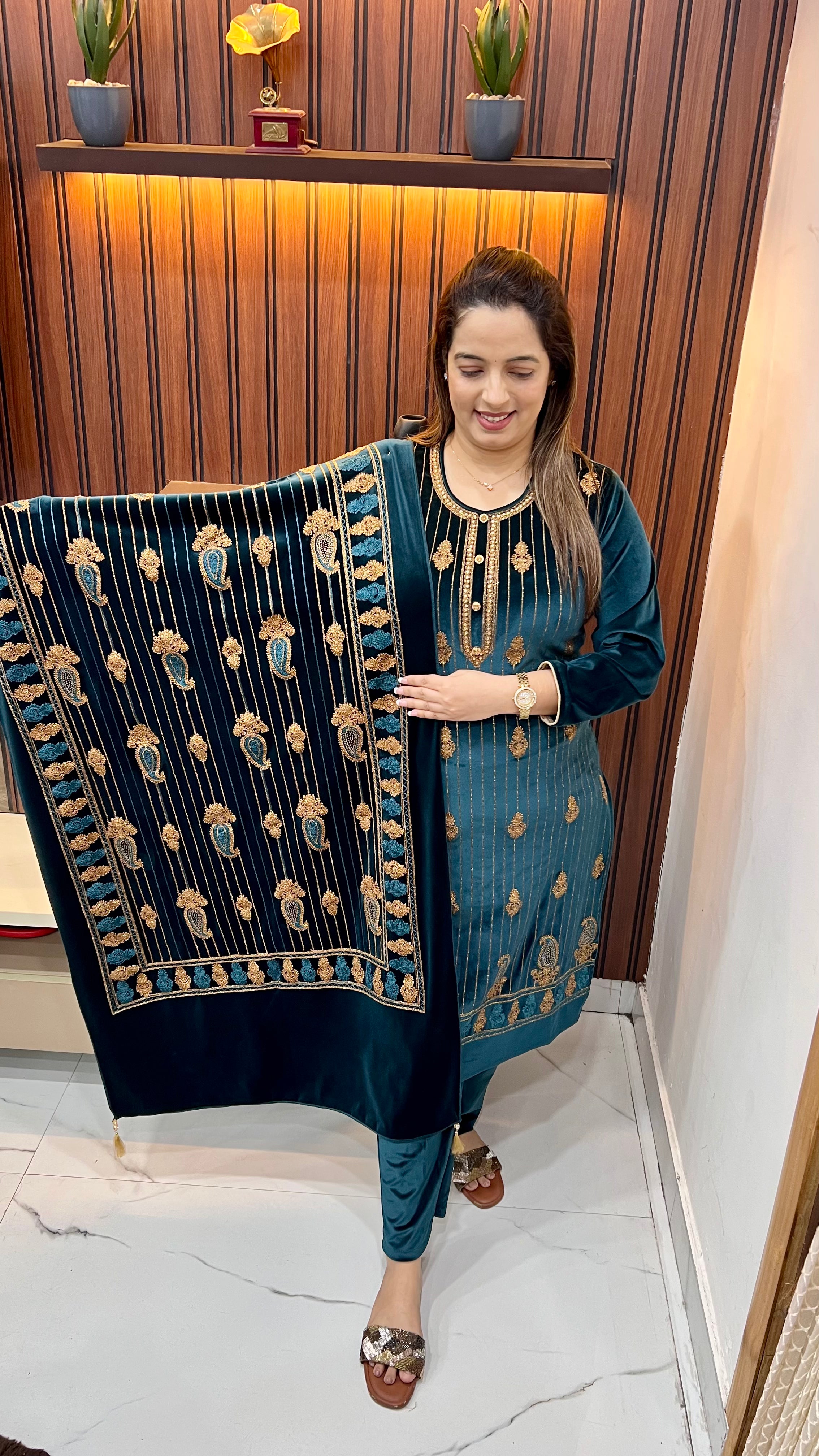 Velvet Suit with Thread Embroidery &  Zari Work — Dual Side Pockets