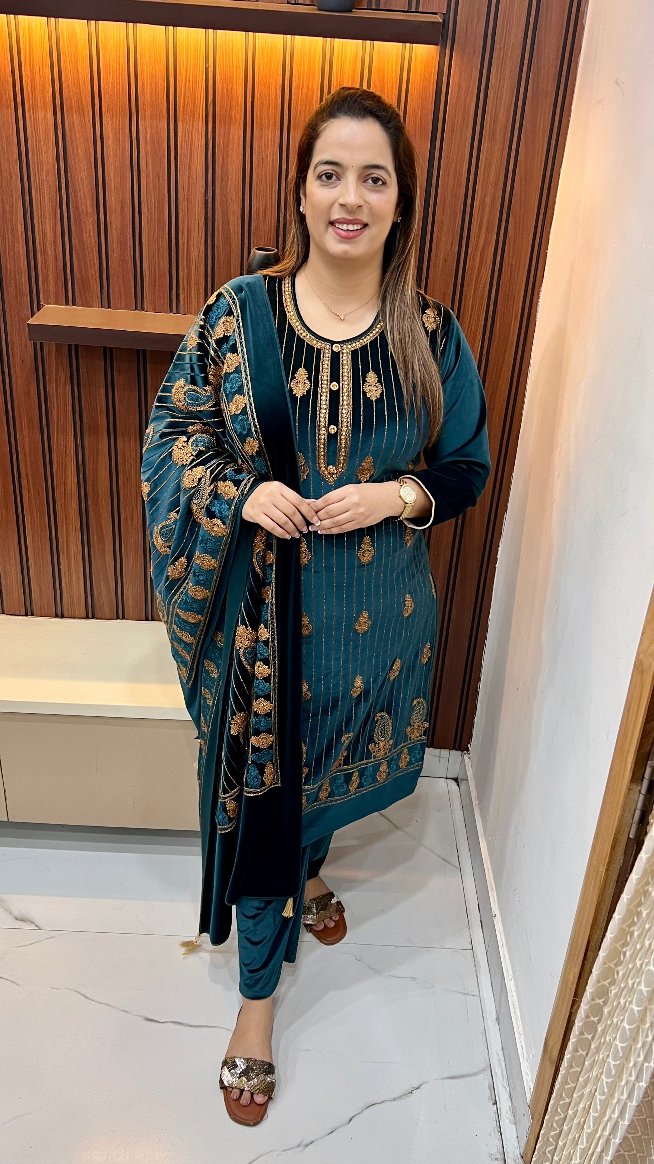 Velvet Suit with Thread Embroidery &  Zari Work — Dual Side Pockets