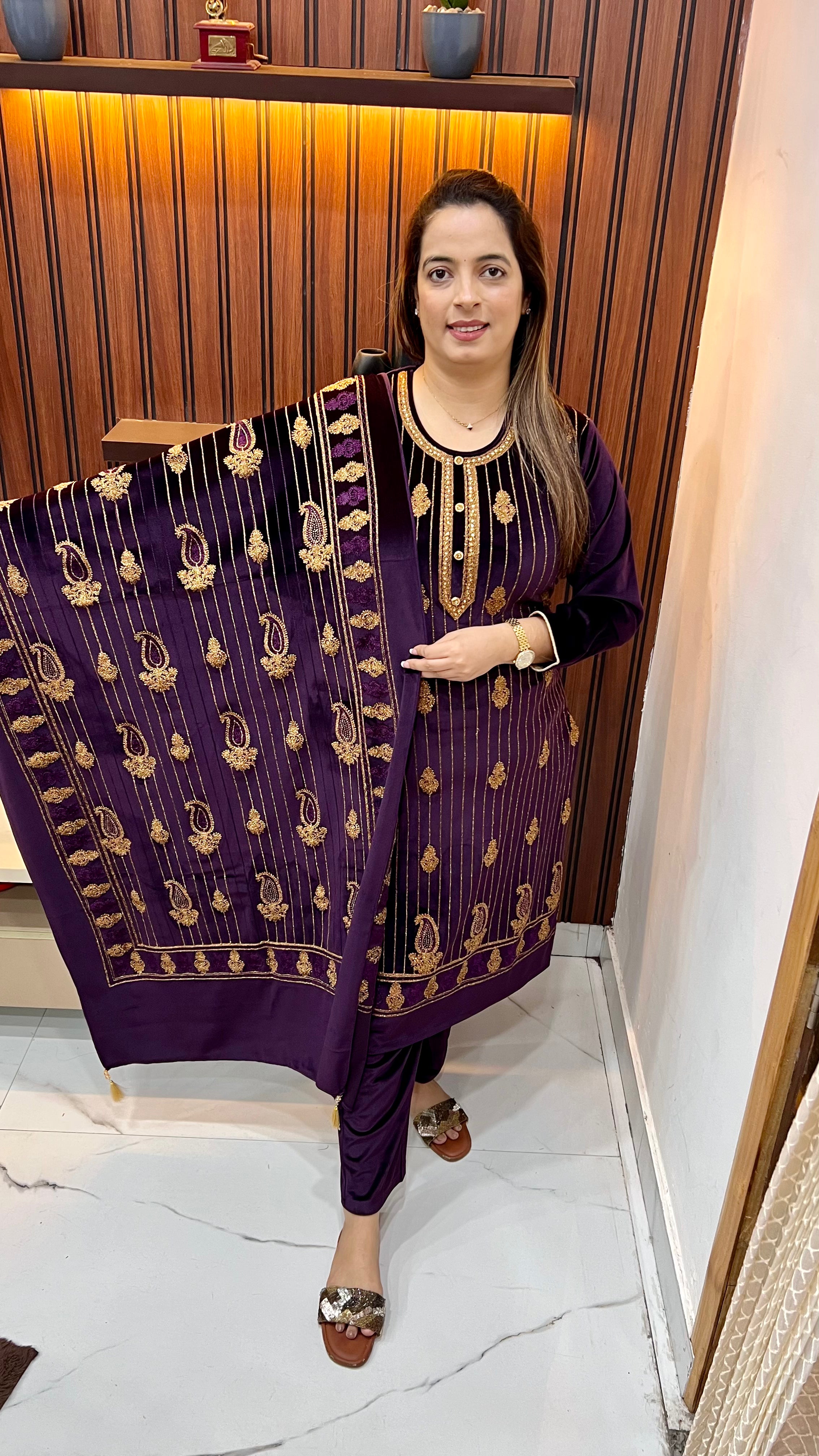 Velvet Suit with Thread Embroidery &  Zari Work — Dual Side Pockets