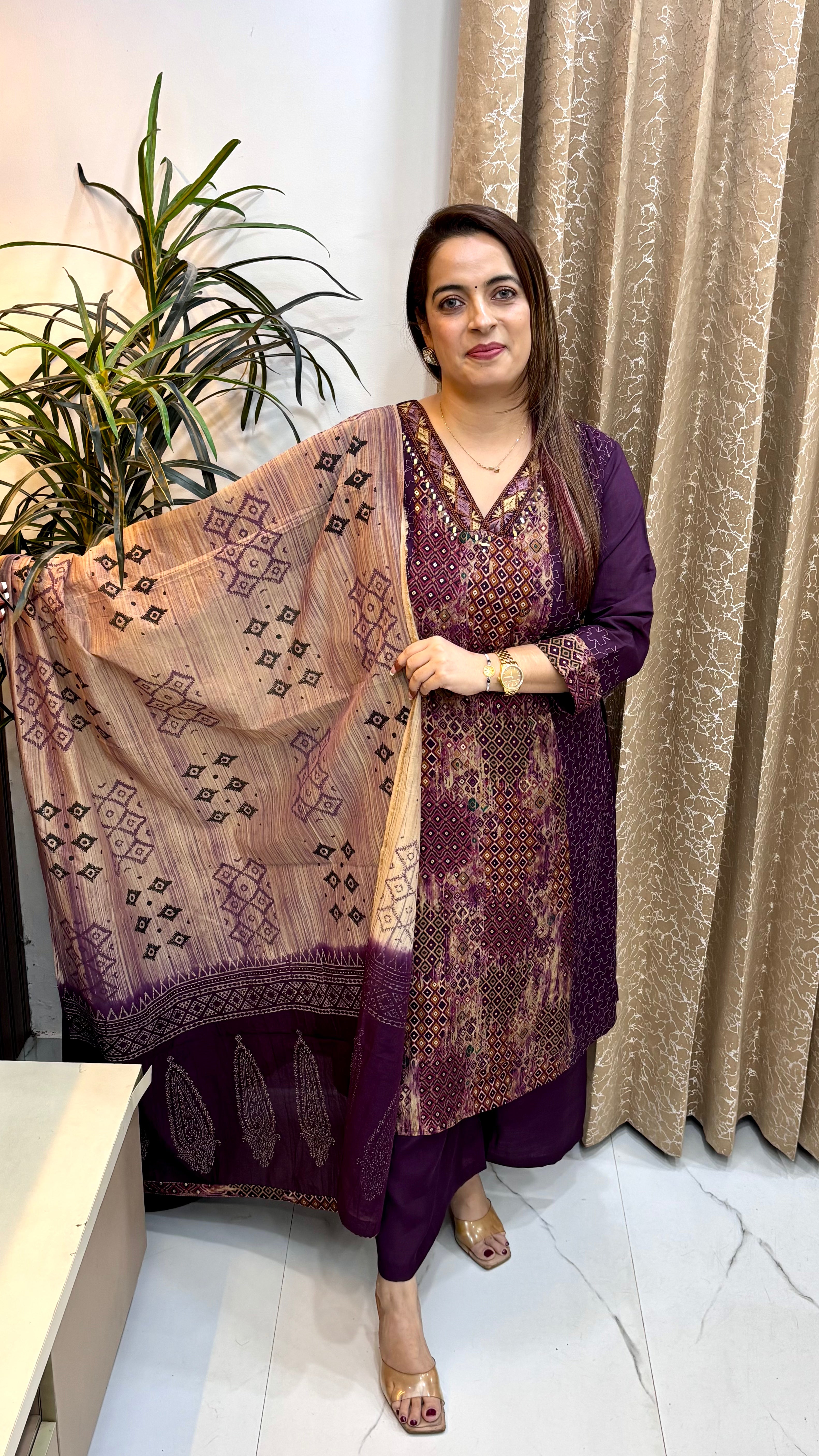 The Mul Chanderi Resham & Mirror Suit with Muslin Loose Palazzo
