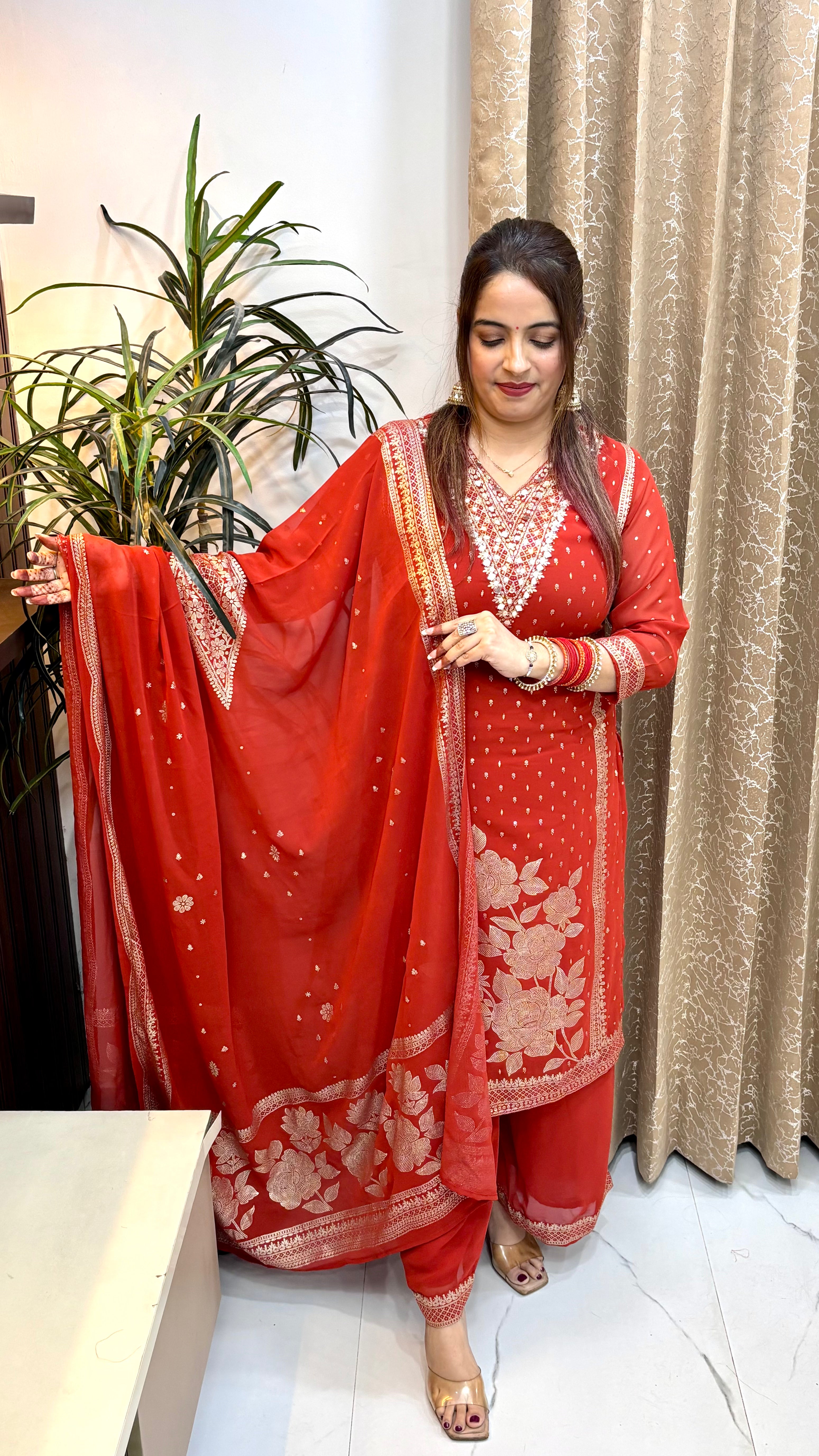The Pure Georgette Block Print & Real Mirror Work Suit with Shantoon Palazzo