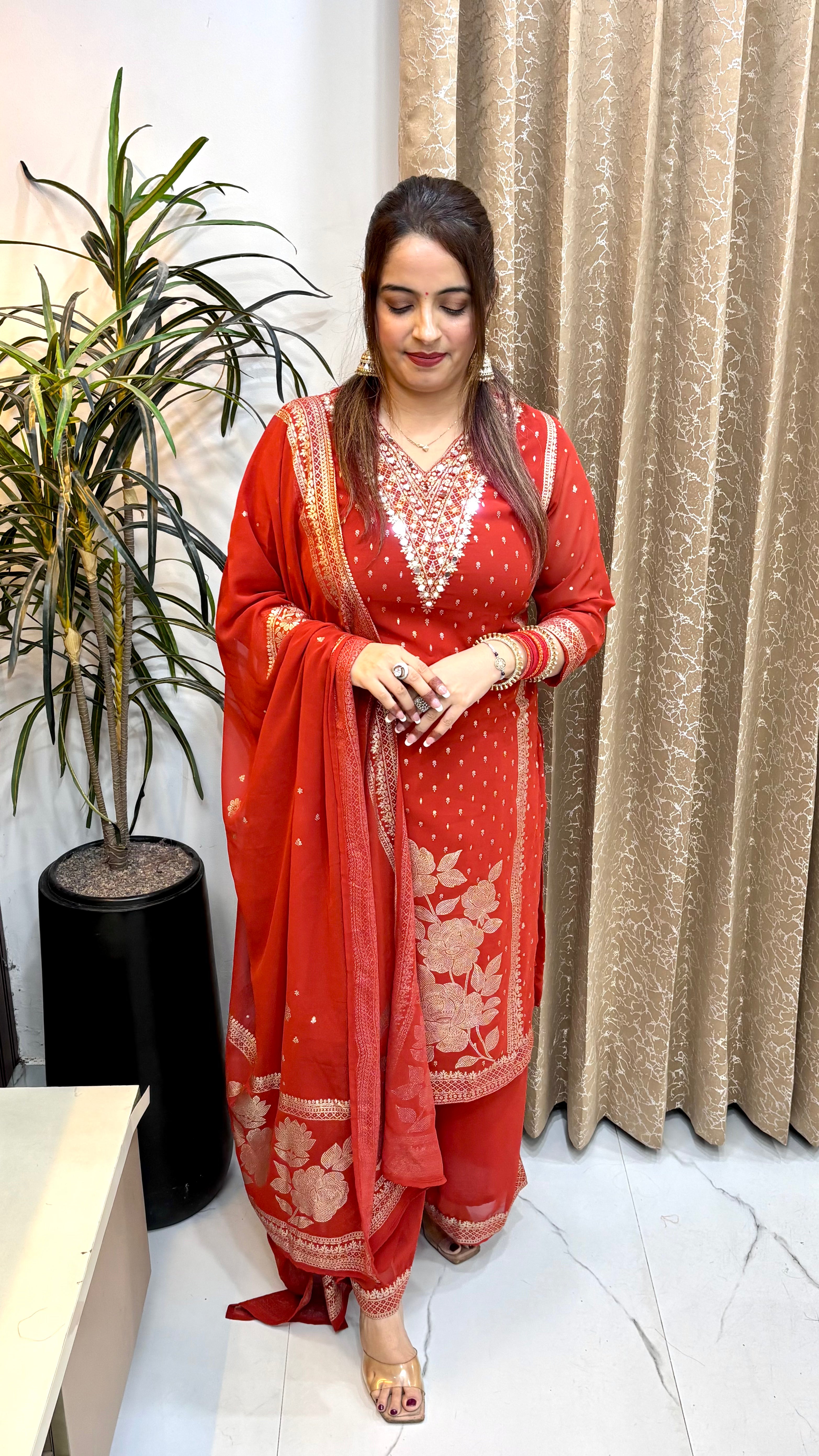The Pure Georgette Block Print & Real Mirror Work Suit with Shantoon Palazzo