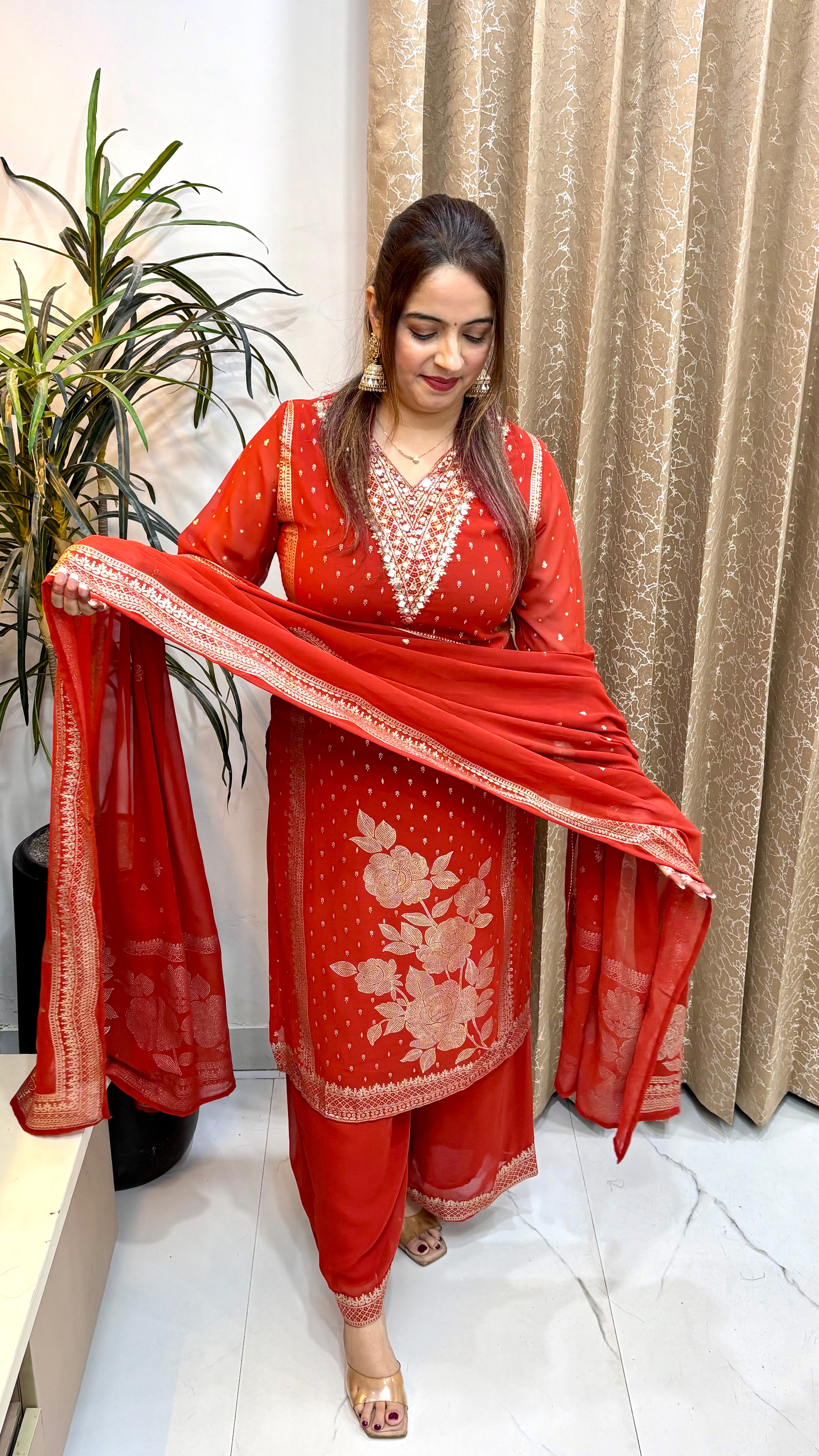 The Pure Georgette Block Print & Real Mirror Work Suit with Shantoon Palazzo