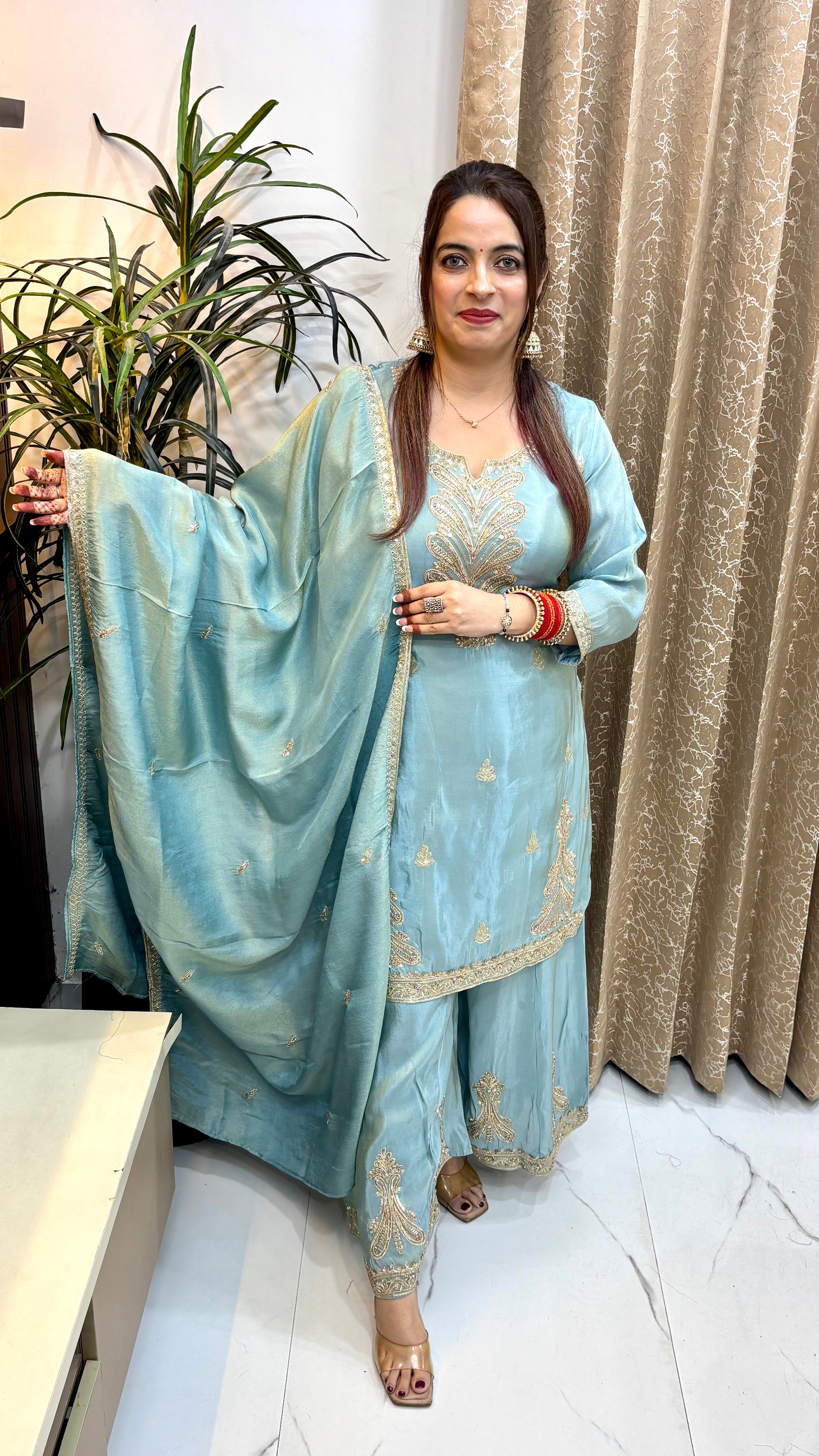 The Organza Shimmer Suit with Zardozi Work & All-Over Heavy Embroidery