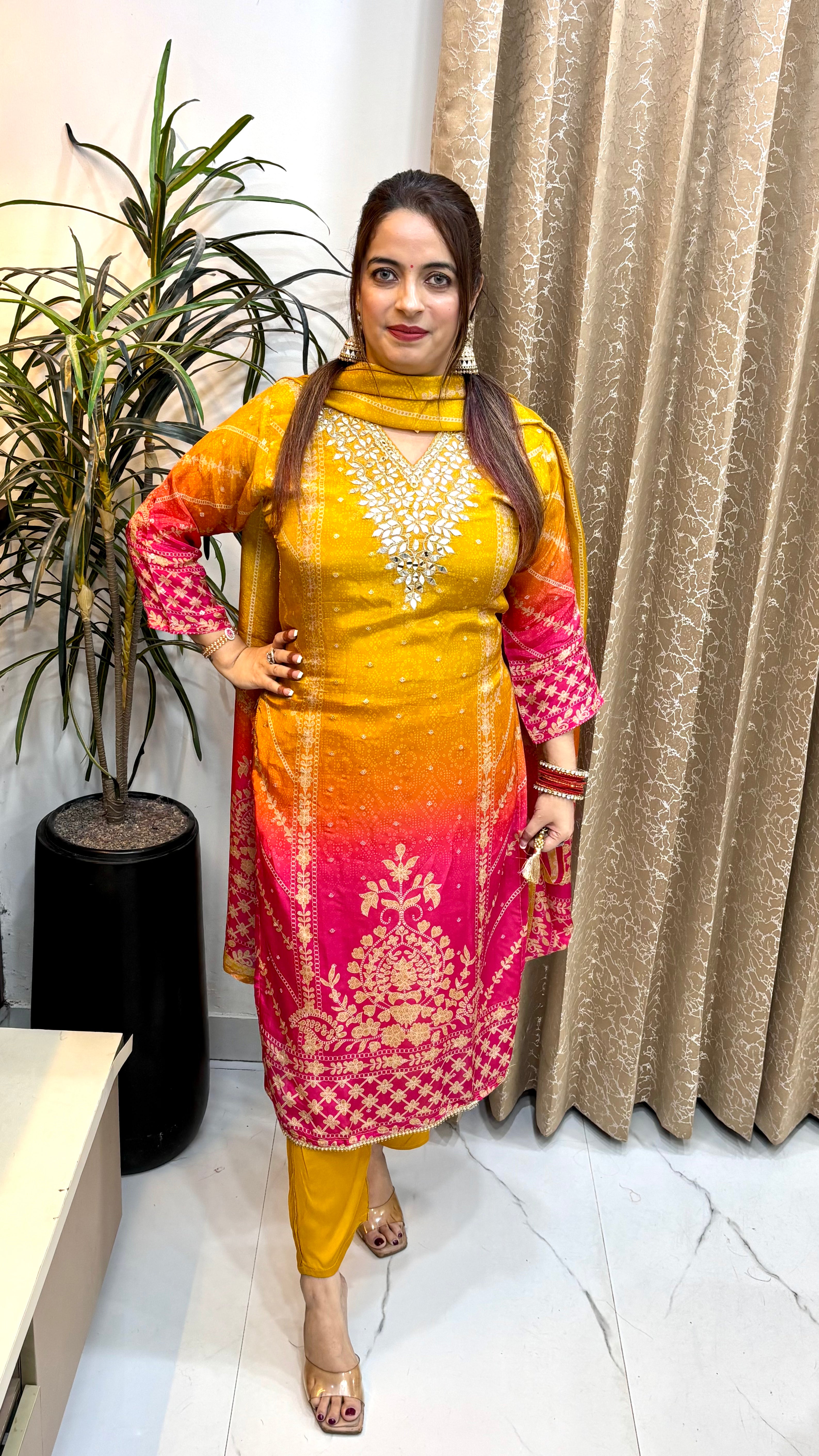The Russian Crepe Dual-Shade Bandhani Suit with Real Mirror Work
