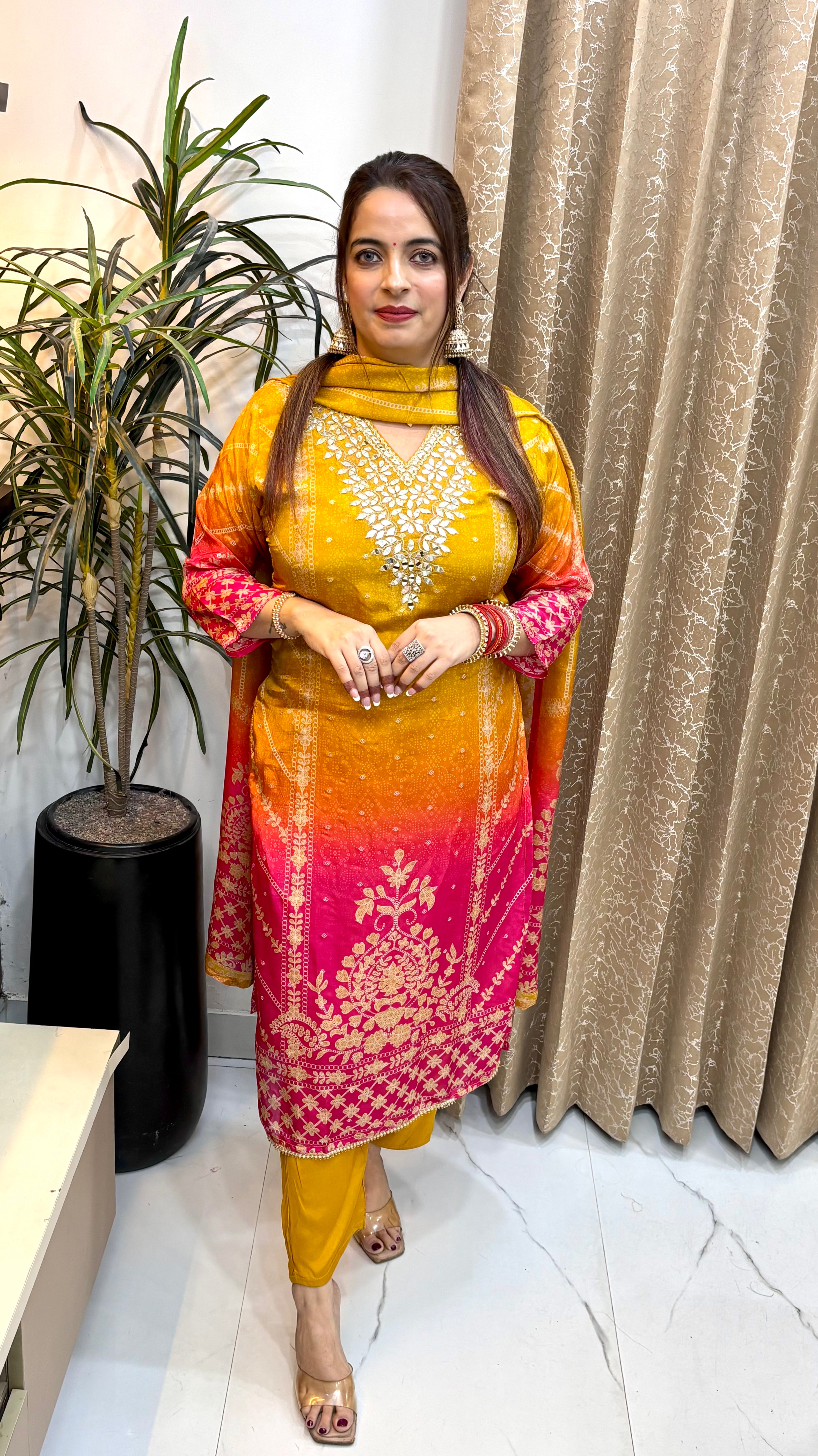 The Russian Crepe Dual-Shade Bandhani Suit with Real Mirror Work