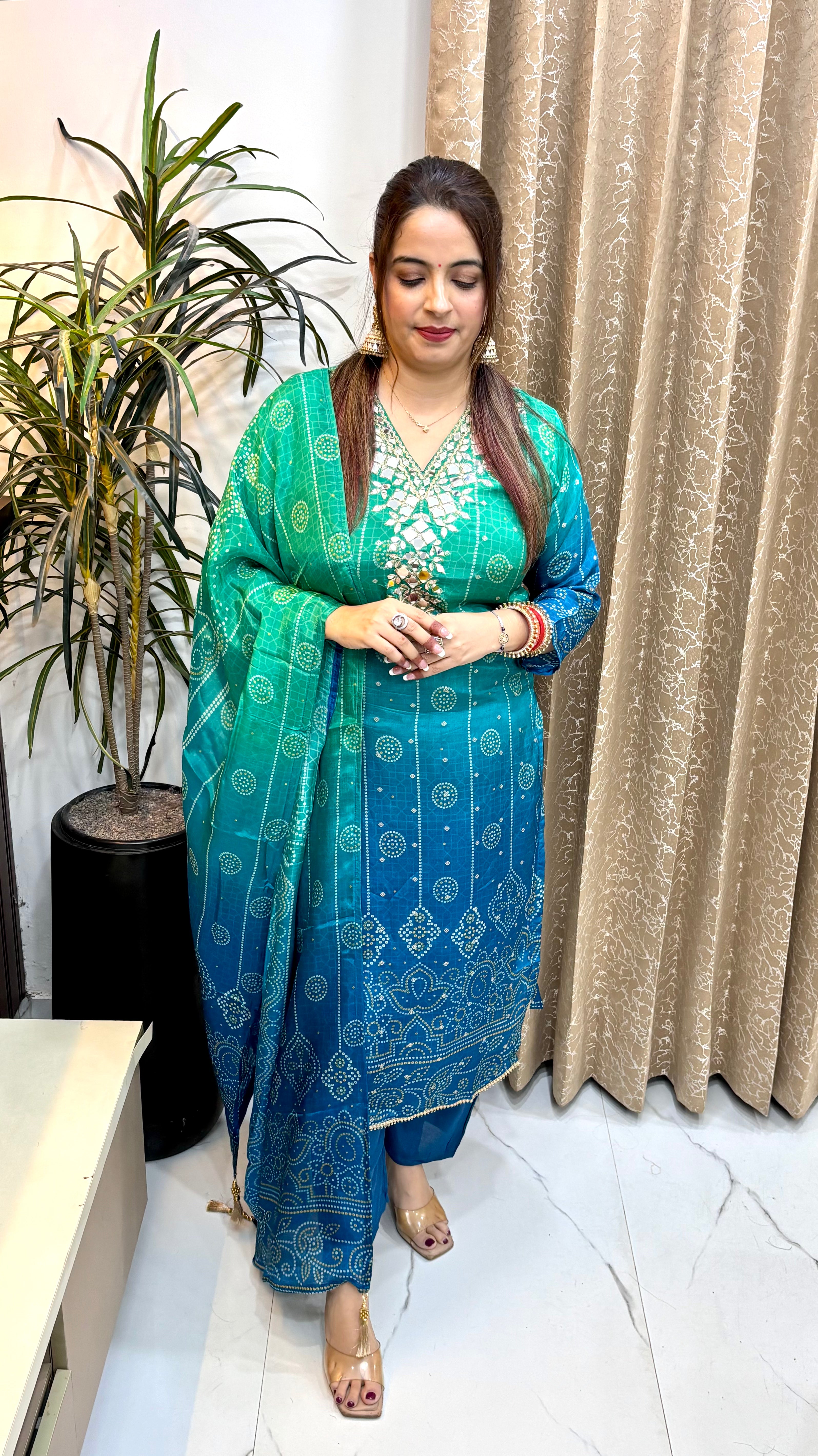 The Russian Crepe Dual-Shade Bandhani Suit with Real Mirror Work