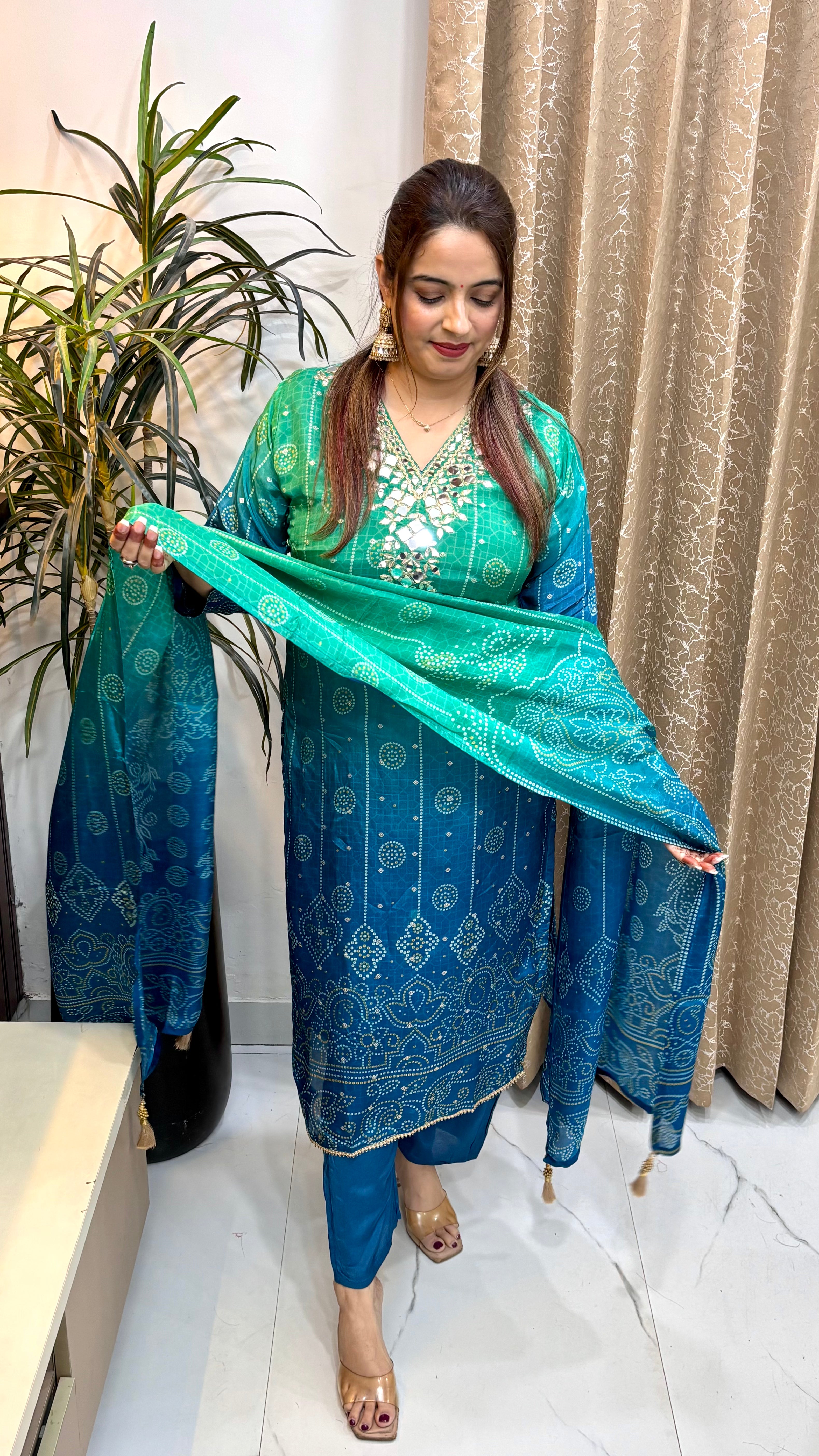 The Russian Crepe Dual-Shade Bandhani Suit with Real Mirror Work