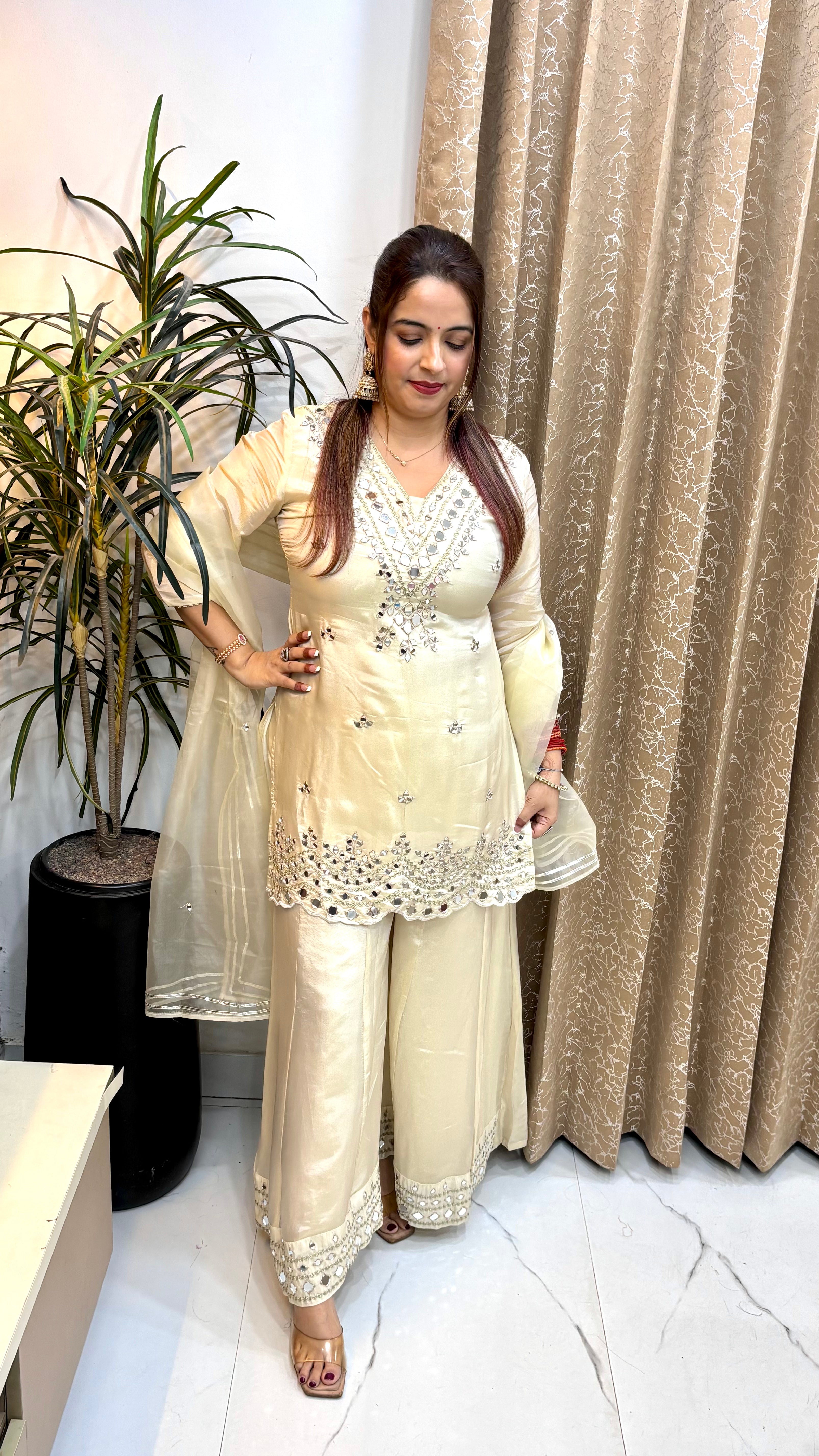 The Organza Shimmer Suit with Real Mirror Work, Cutwork Hemline & Divider Kaliya