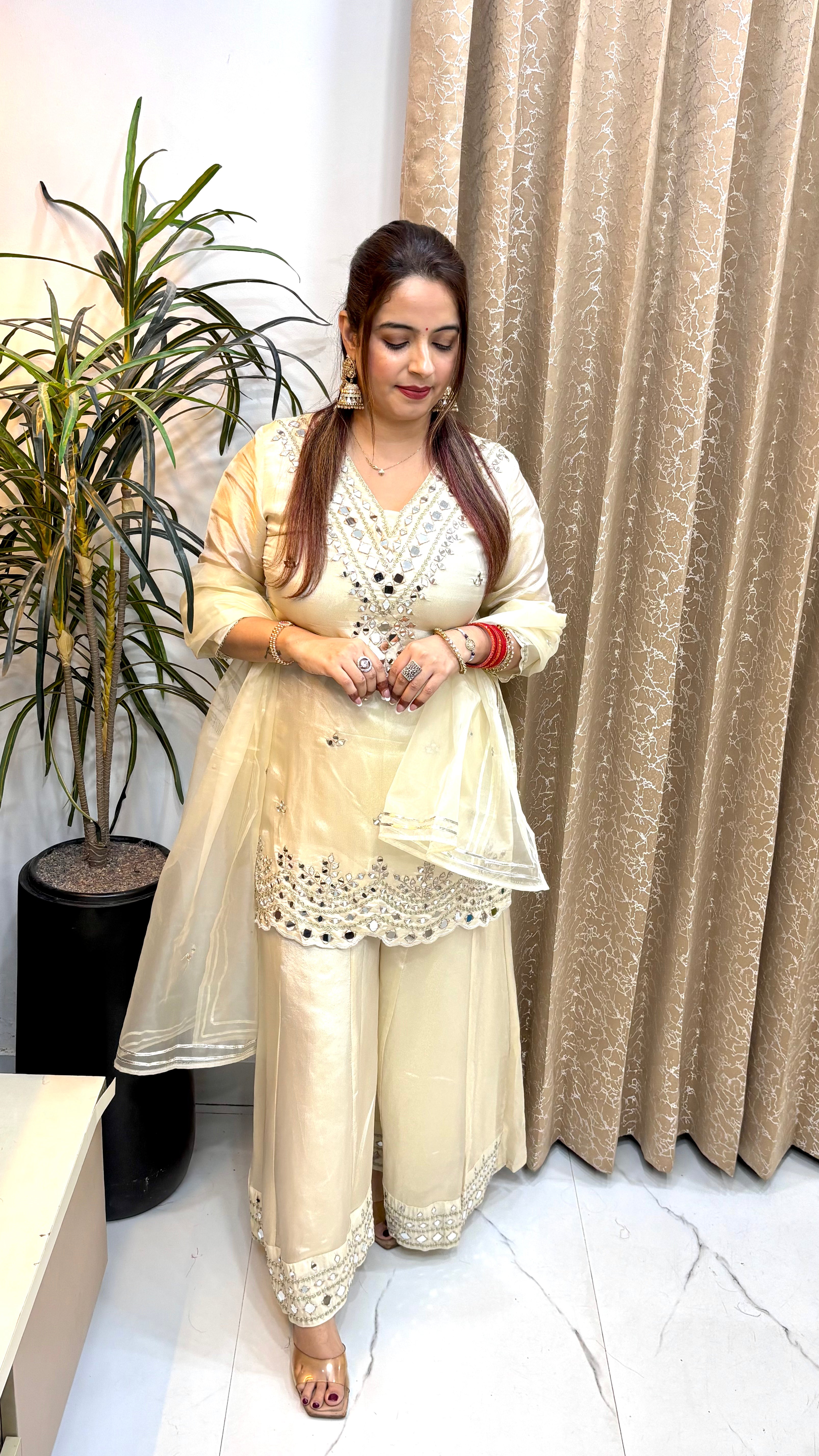 The Organza Shimmer Suit with Real Mirror Work, Cutwork Hemline & Divider Kaliya