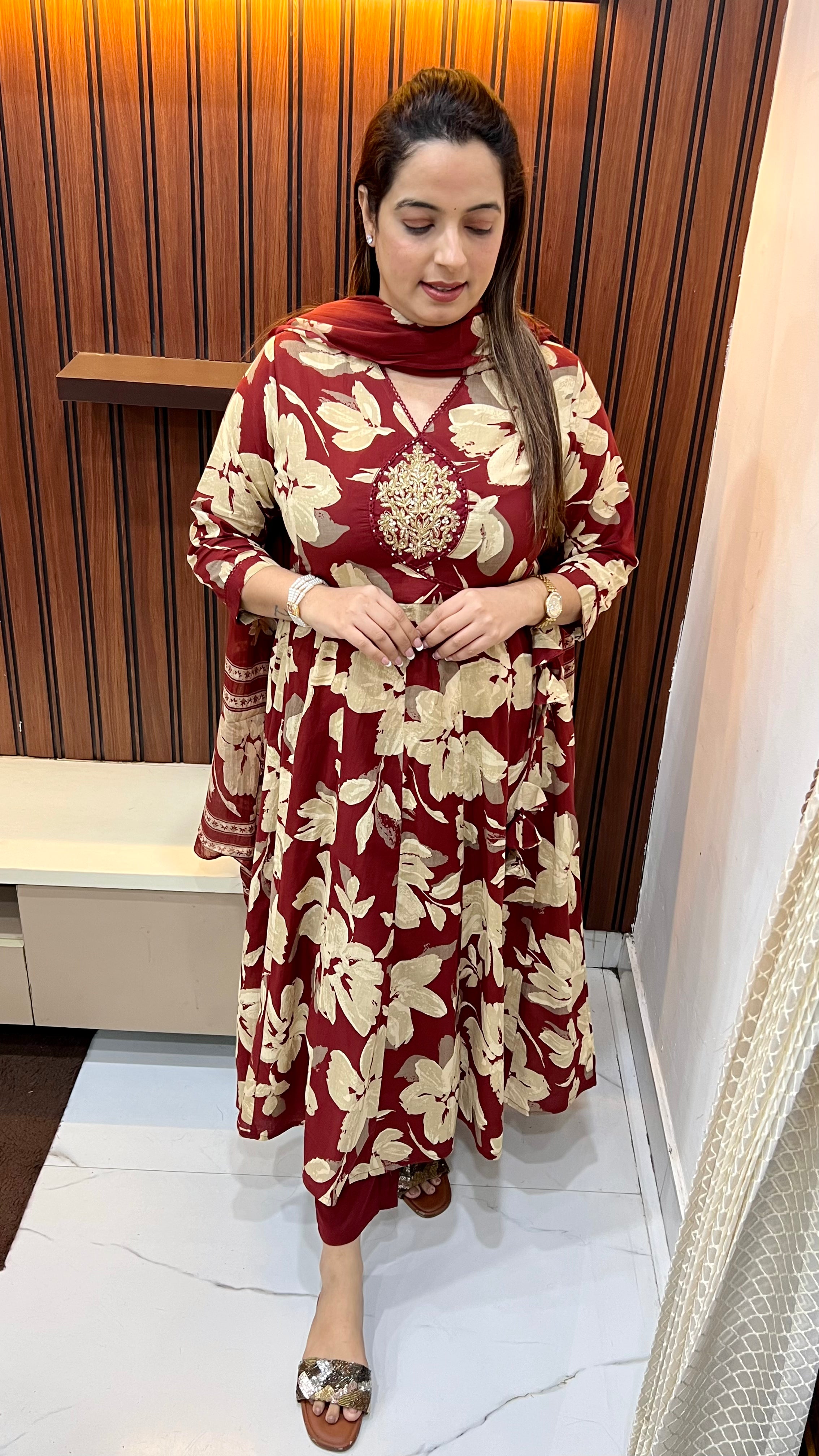 Pure Cotton Anarkali in Angrakha Style — With Mul Cotton Dupatta & Elegant Neck Work