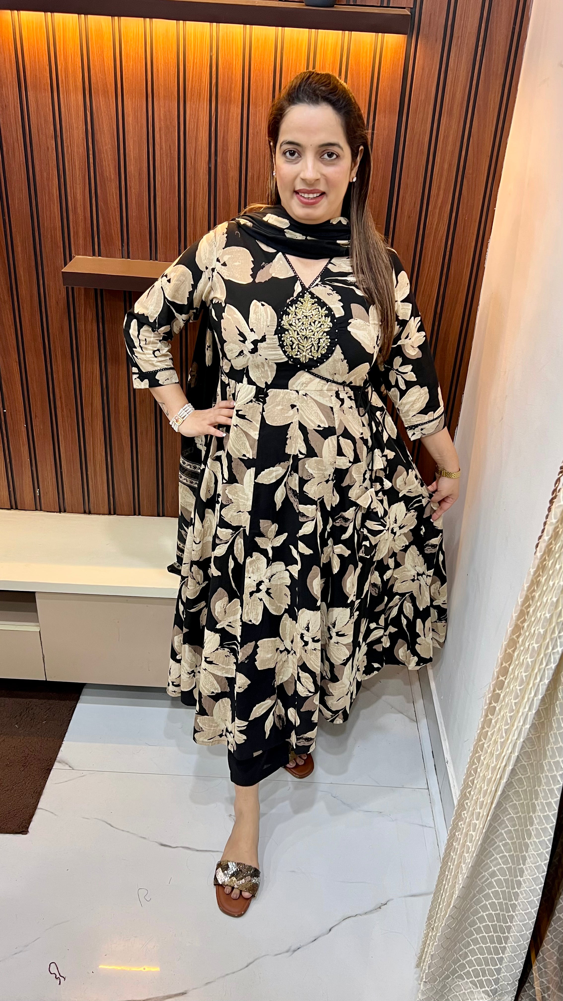 Pure Cotton Anarkali in Angrakha Style — With Mul Cotton Dupatta & Elegant Neck Work