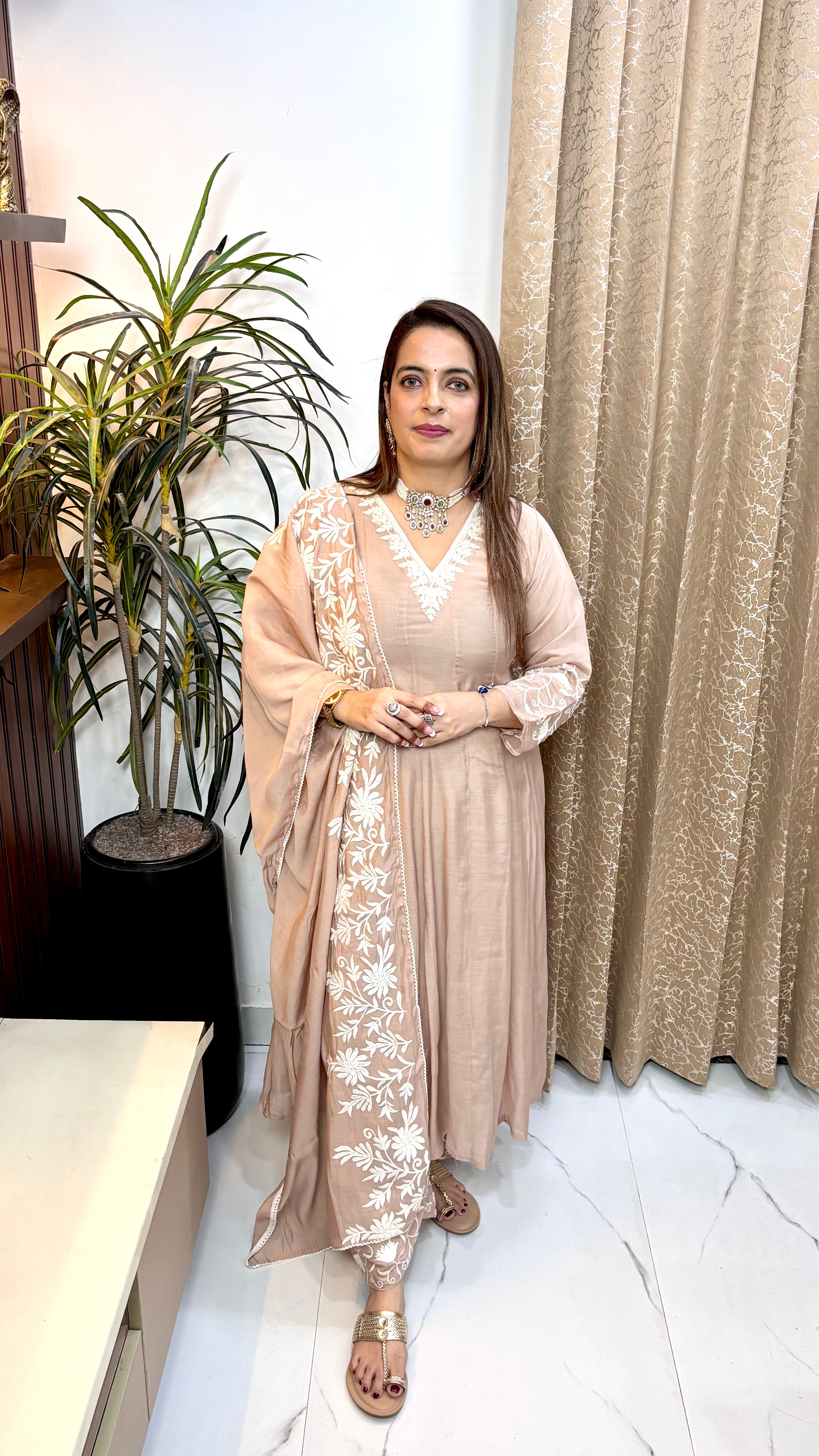 The Mul Chanderi Embroidered Anarkali Suit