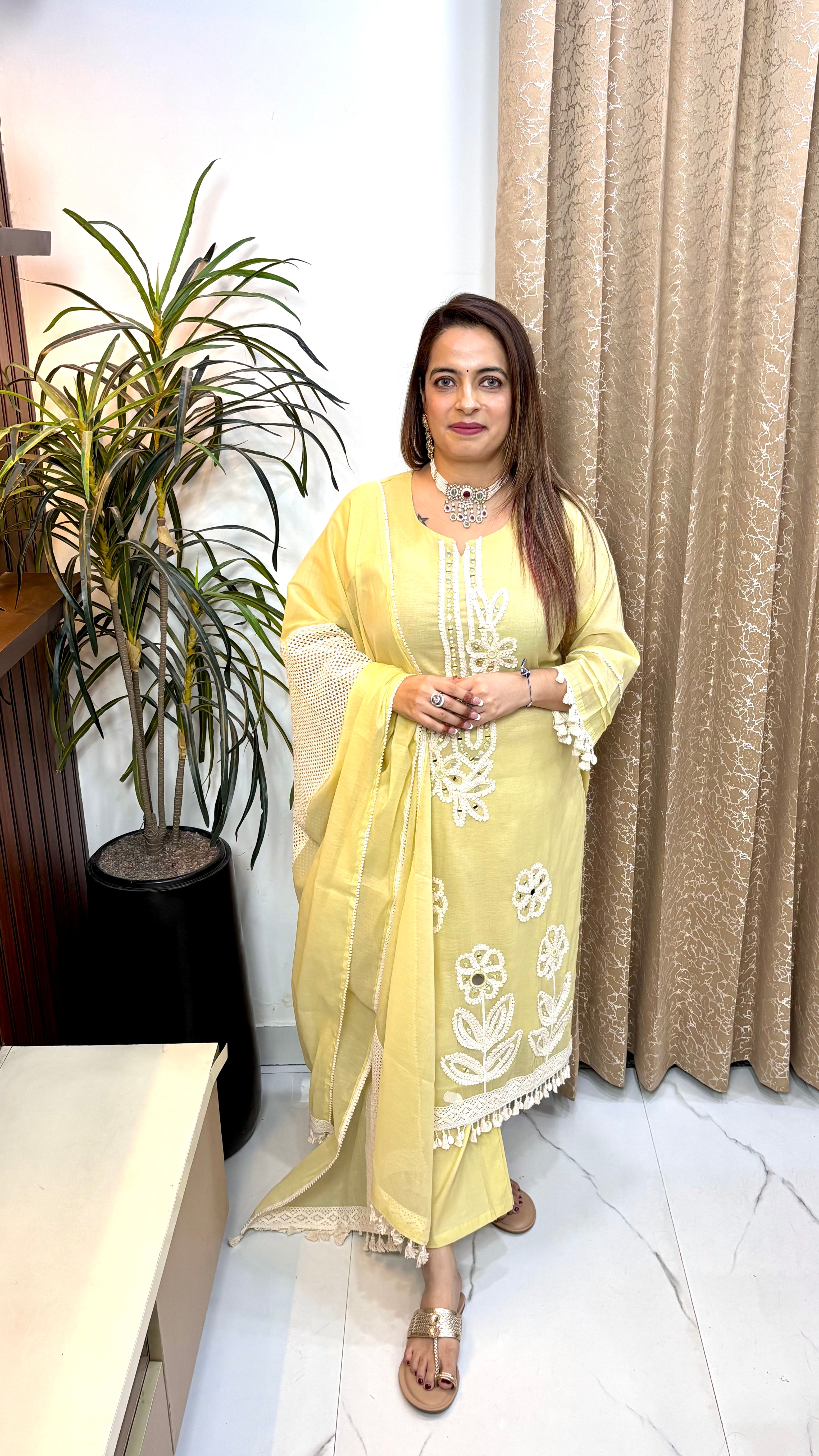 The Mul Chanderi 3D Embroidered Suit with Kodi Tassels & Crochet Centre Dupatta