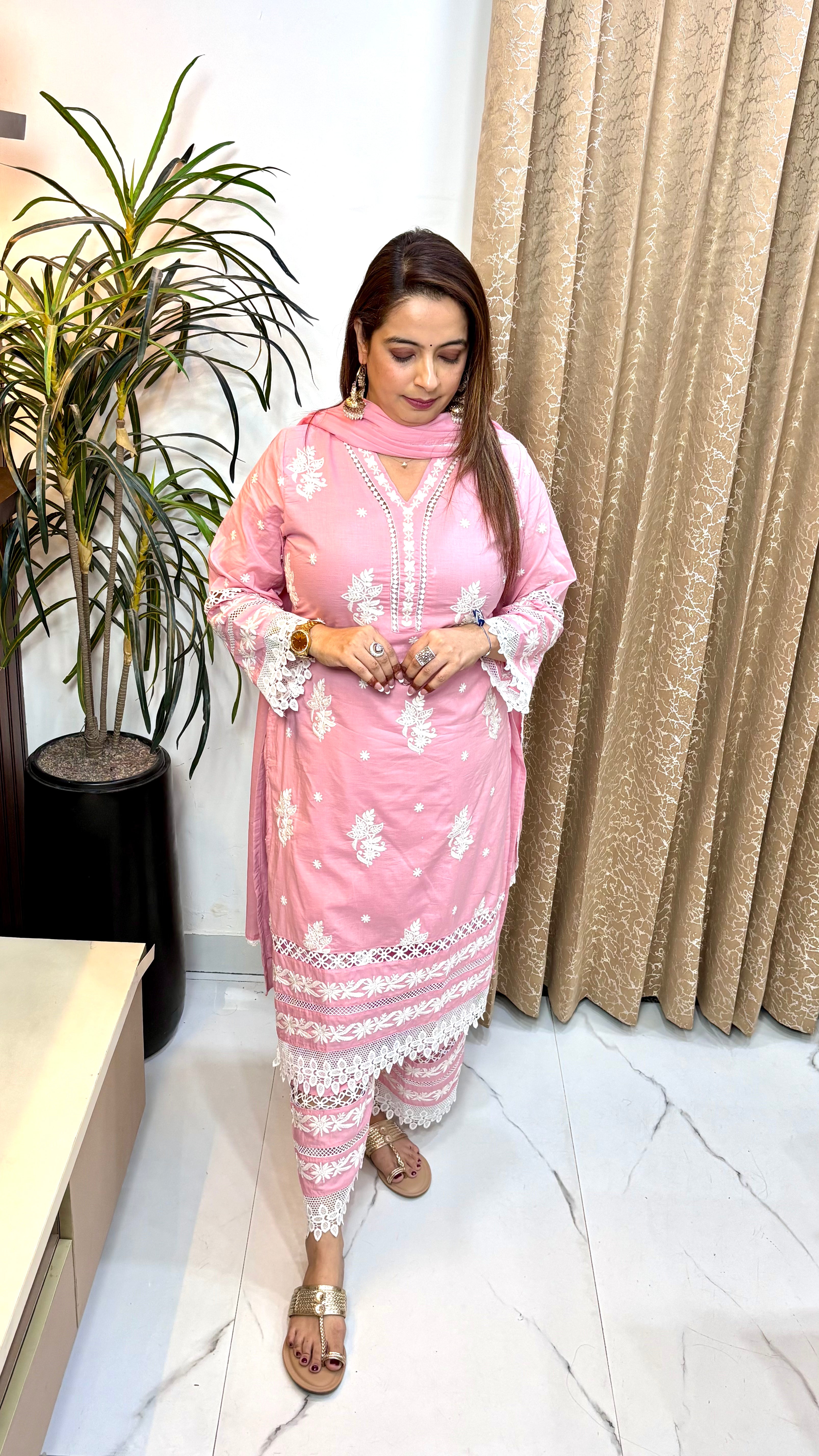 The Mulmul Cotton Lucknawi Suit with Crochet Lace Detailing
