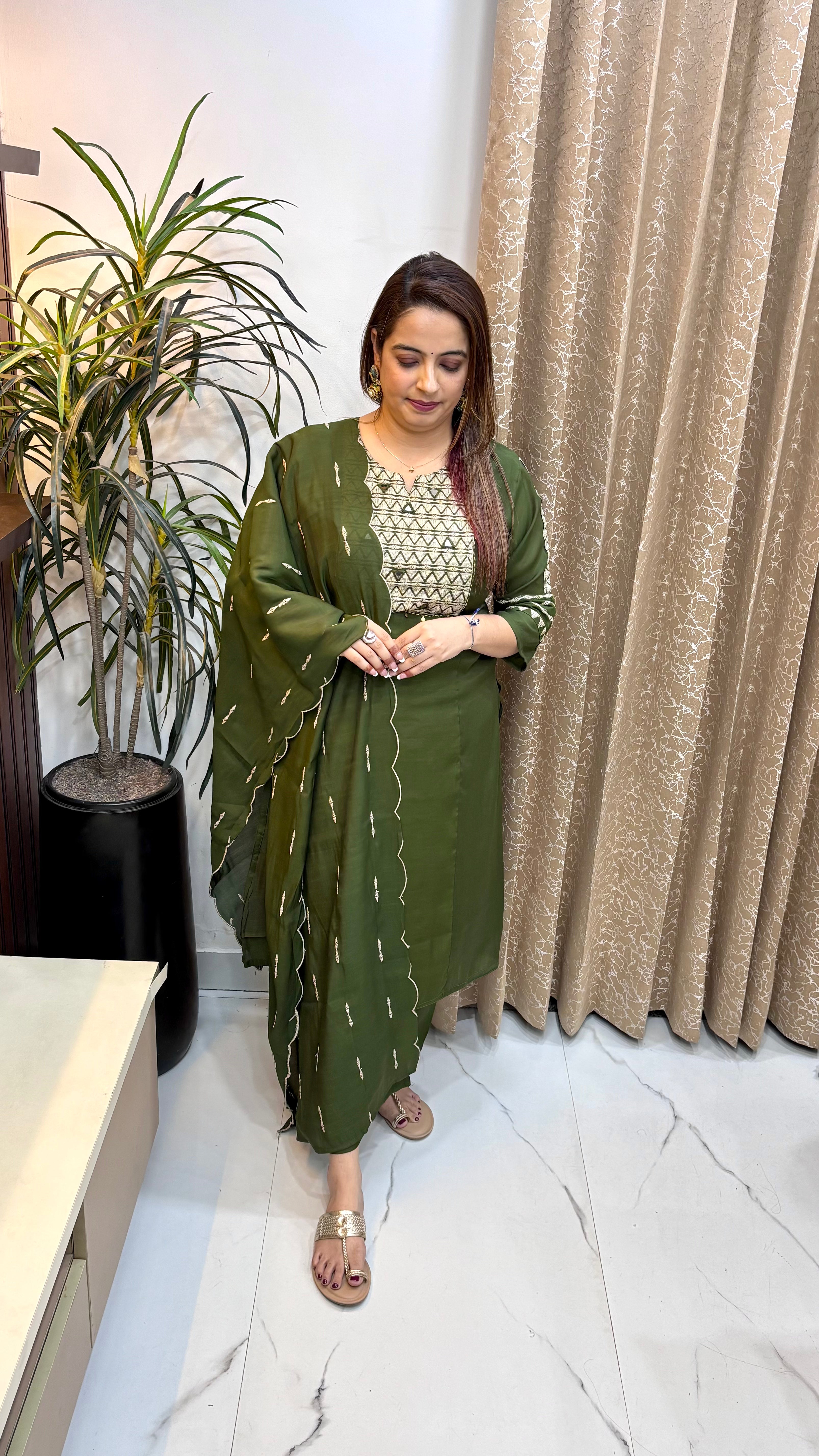 The Mul Chanderi Embroidered Suit with Mirror Work, Kantha Stitching & Divider