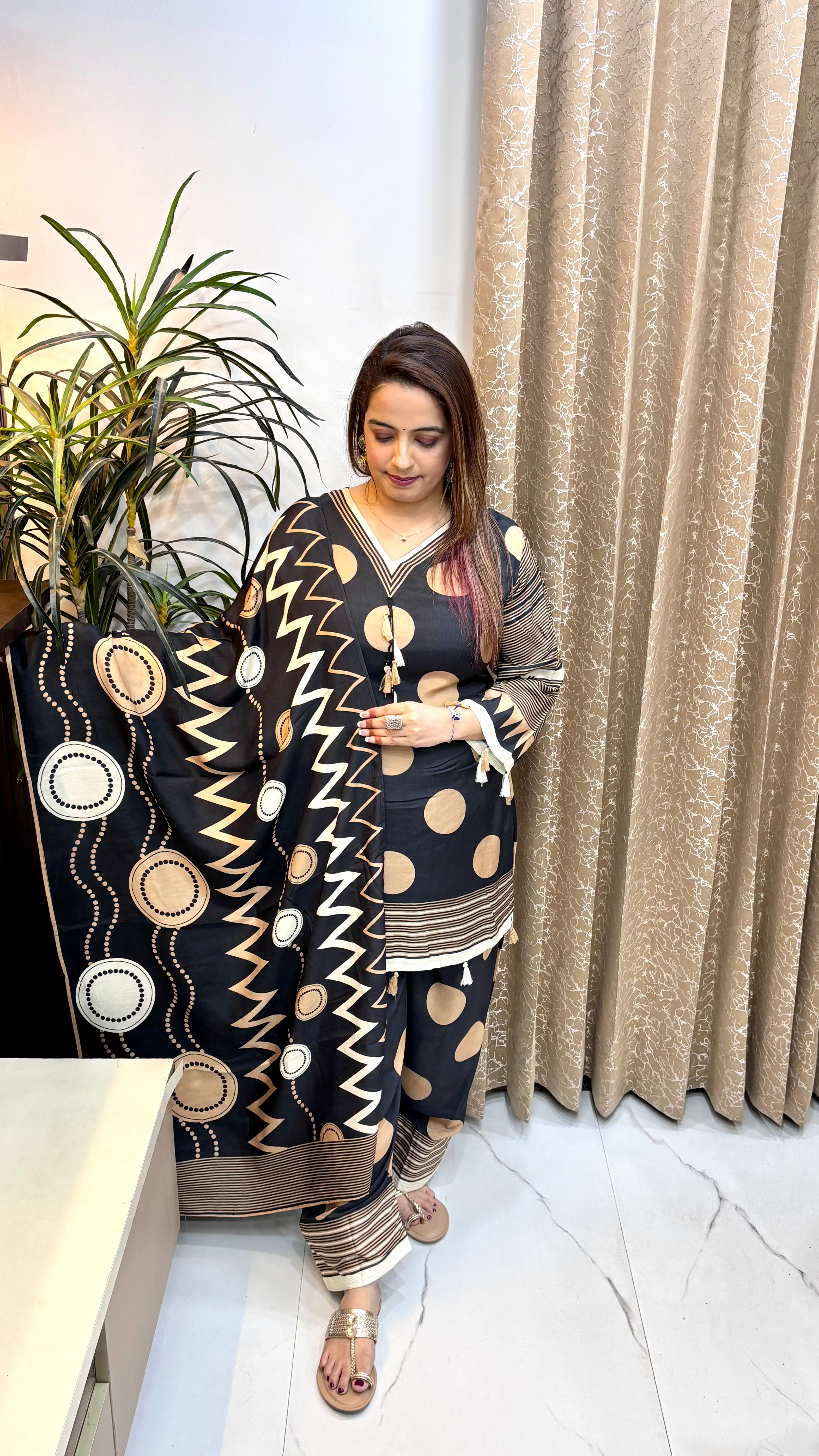 The Natural Crepe Digital Print Suit with Hand-Made Tassels & Viral Farshi Salwar