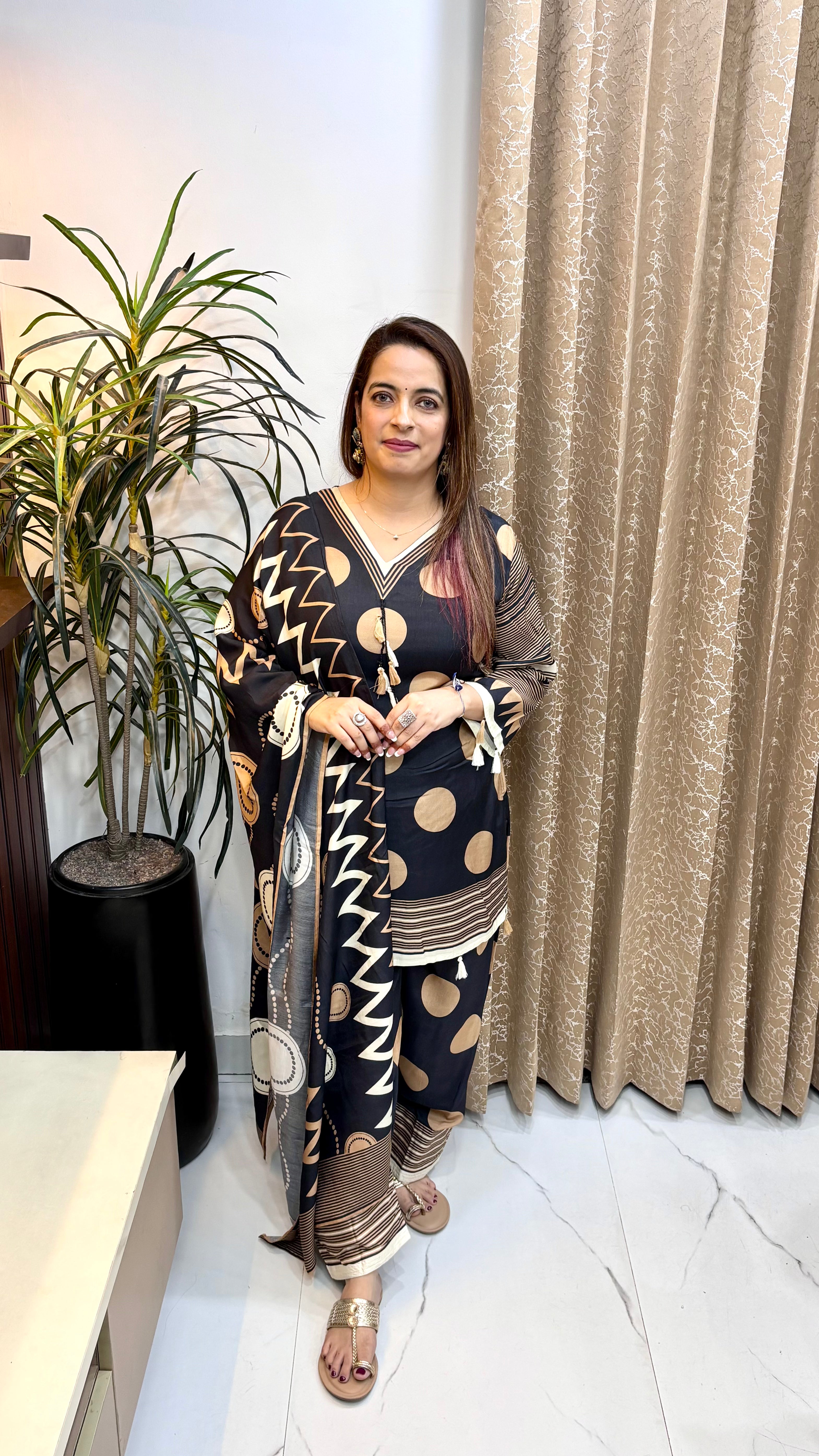The Natural Crepe Digital Print Suit with Hand-Made Tassels & Viral Farshi Salwar
