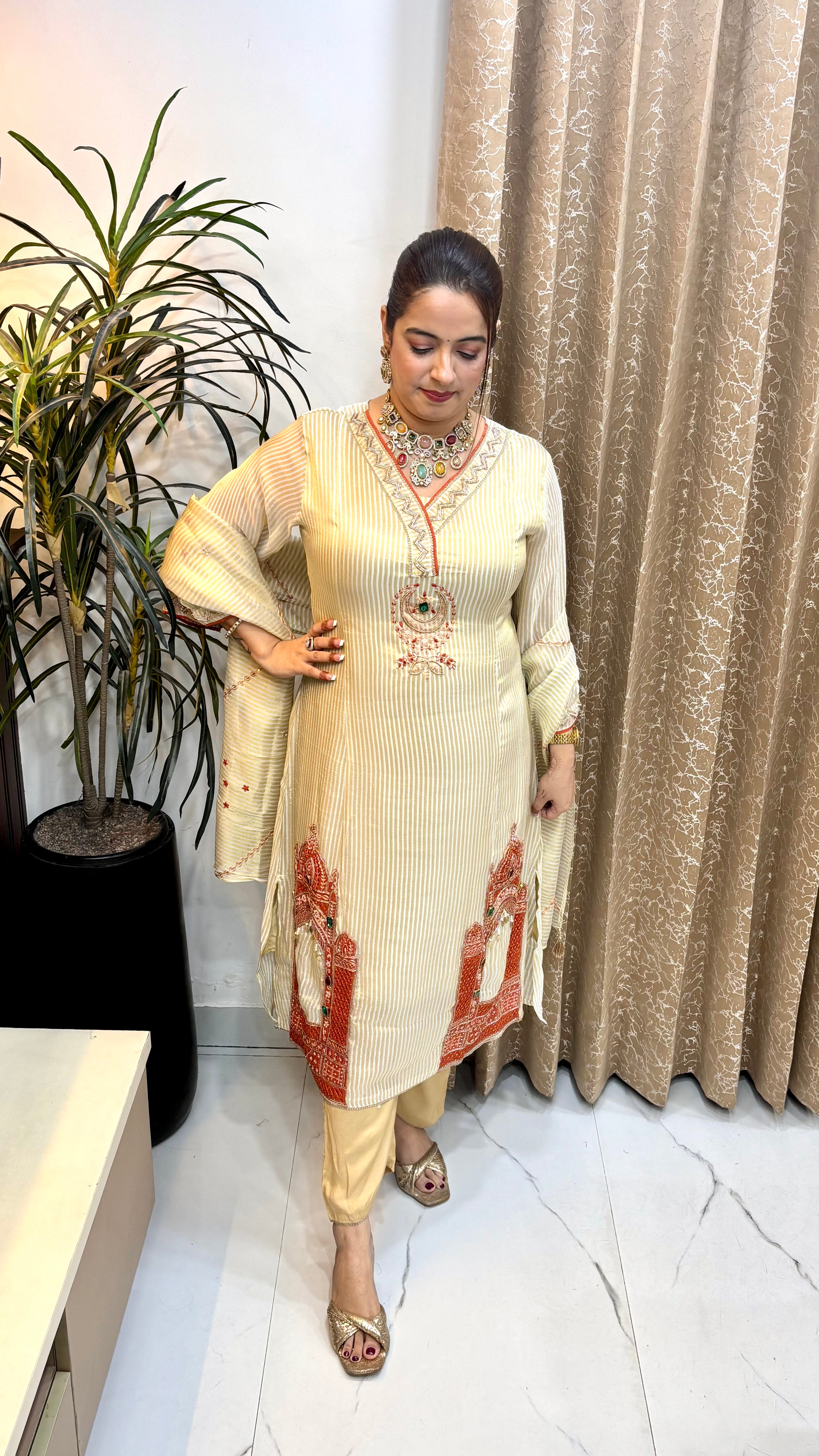 The Organza Shimmer Stripes Suit with Korean Crystal Monument Work & Zardozi Dupatta