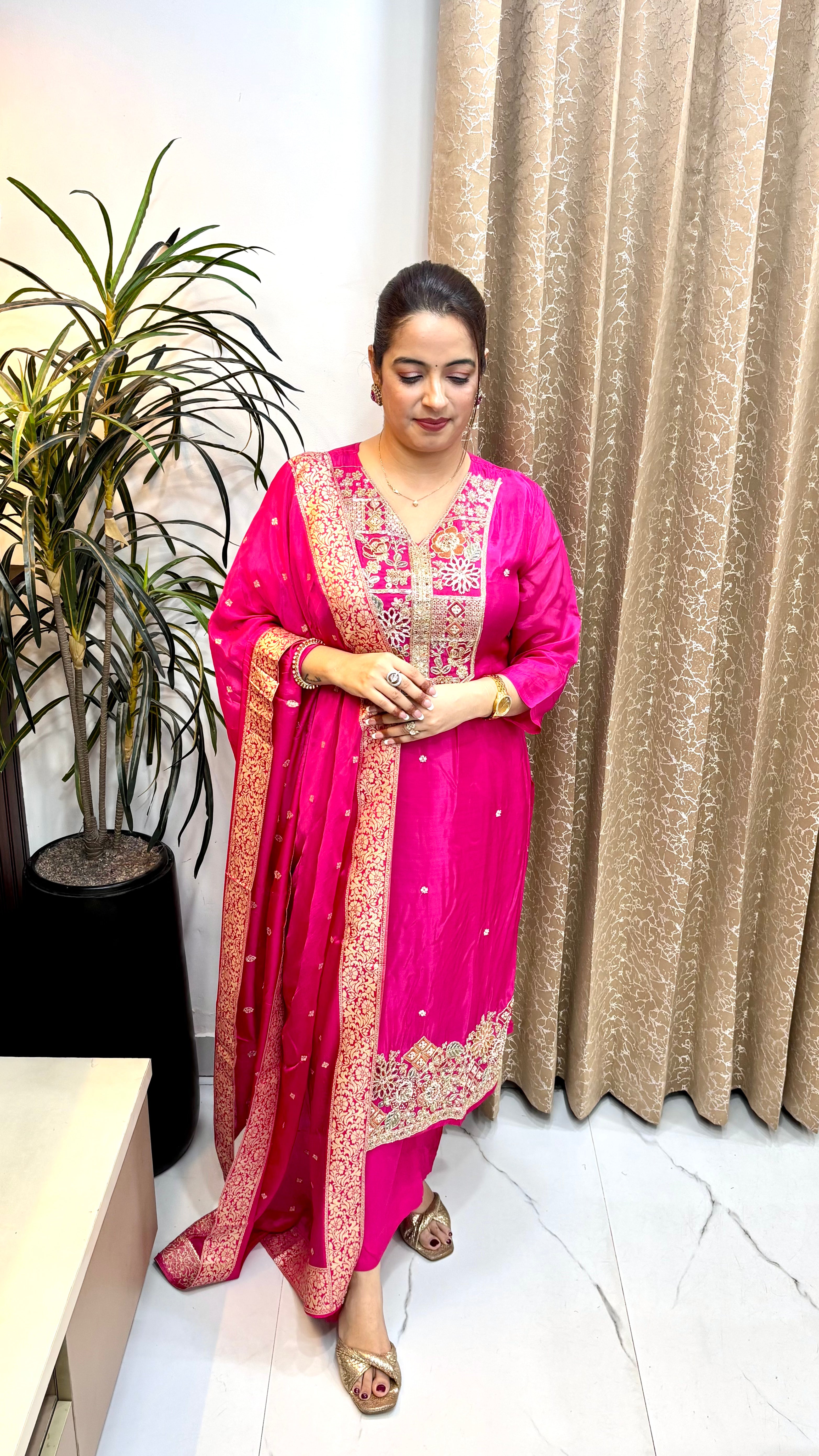 The Pure Paper Silk Suit with Heavy Embroidery & Pure Banarasi Dupatta