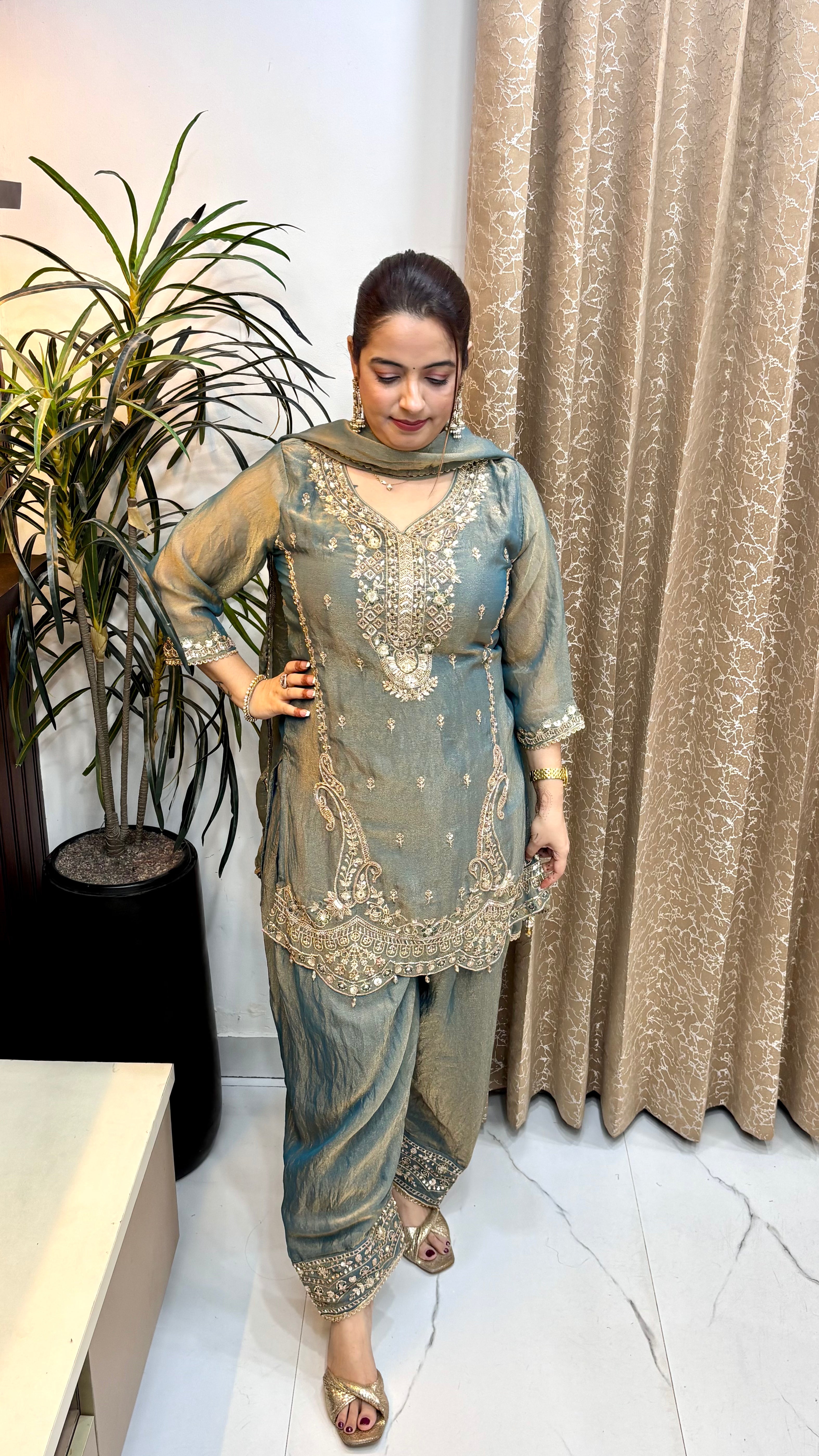 The Organza Shimmer Suit with Hand Embroidery & Trending Farshi Salwar