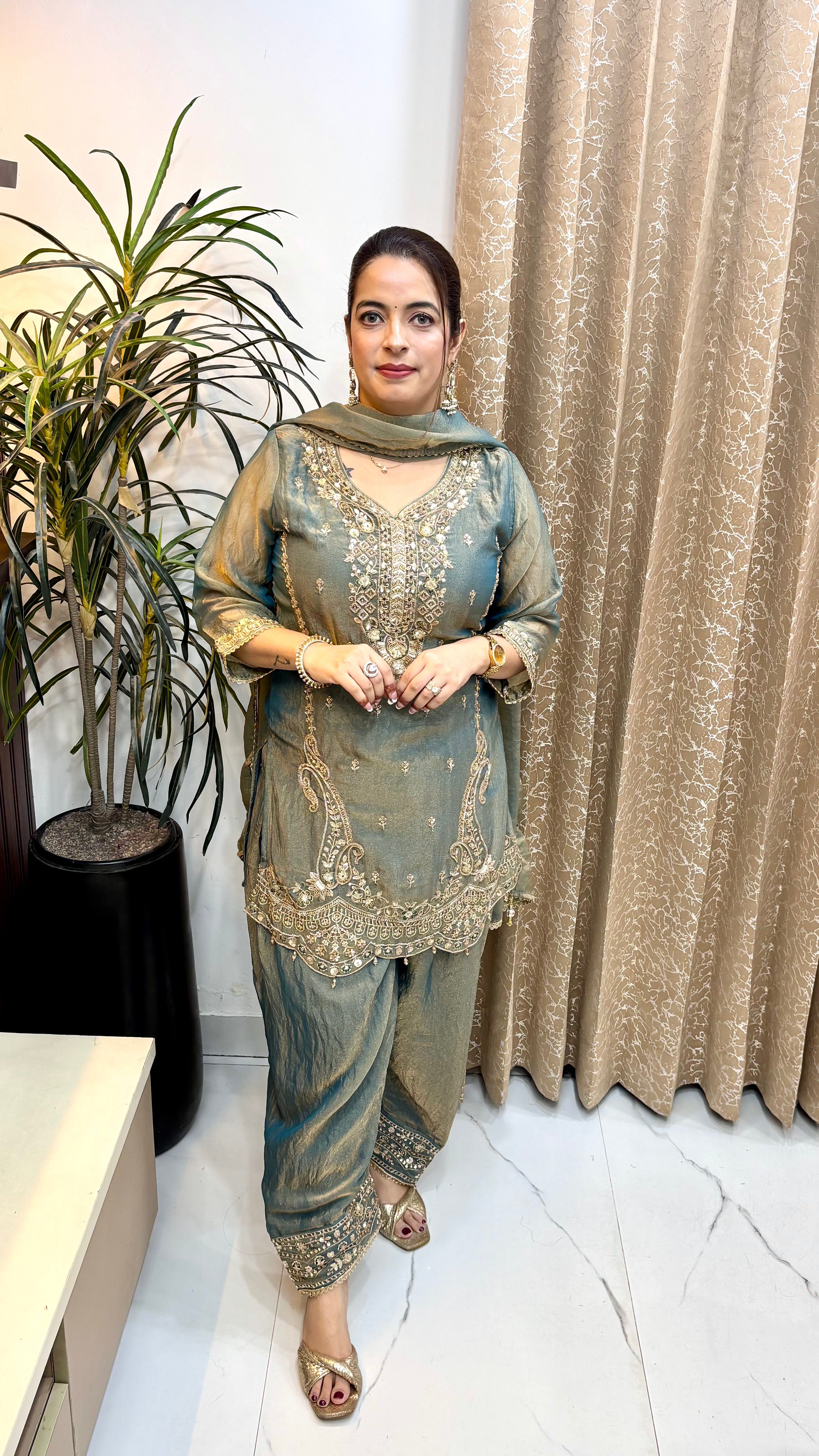 The Organza Shimmer Suit with Hand Embroidery & Trending Farshi Salwar