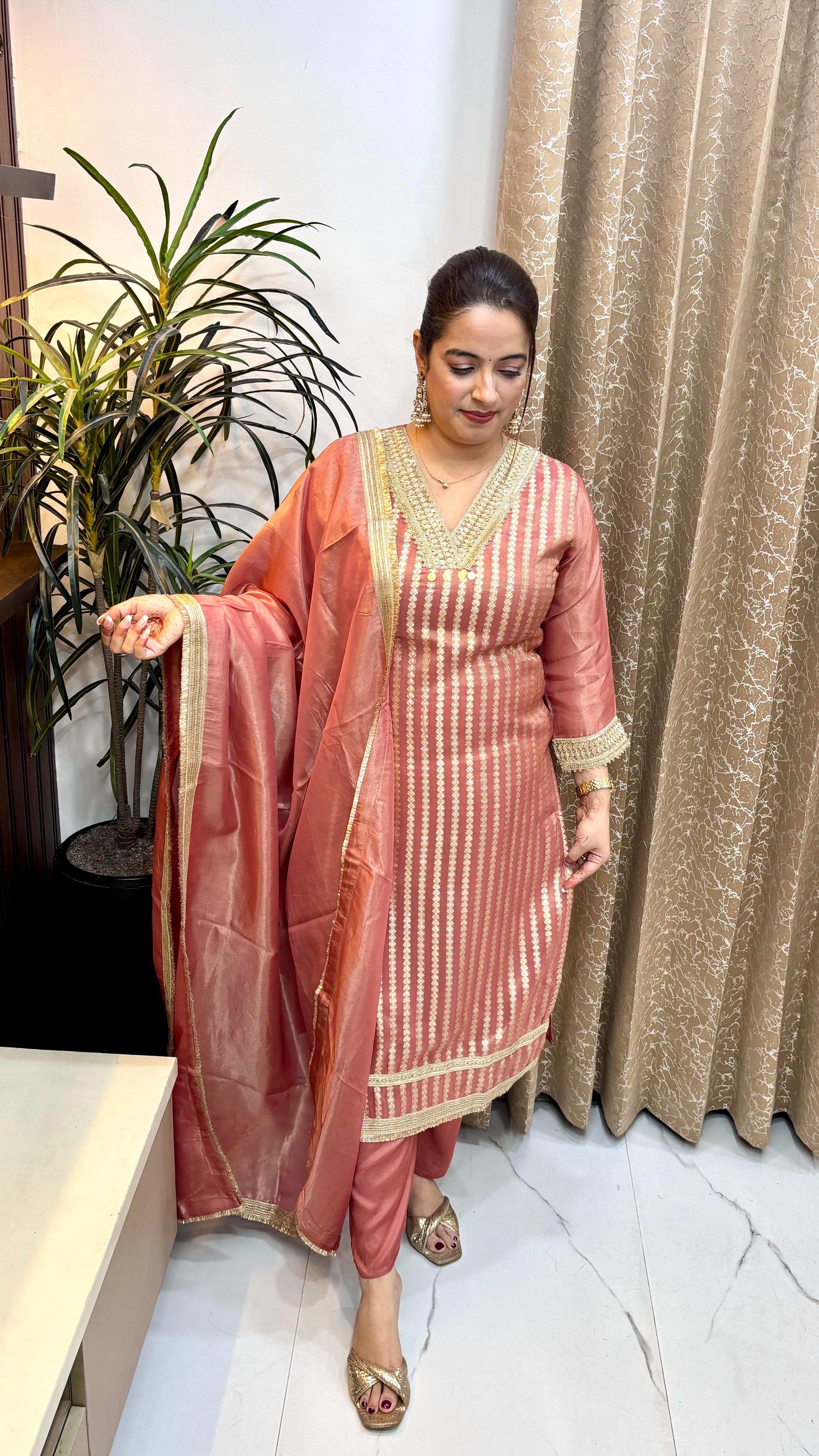 The Organza Shimmer Suit with Sequin, Zari, Cutwork, Ginny Work, & Banarasi Weave